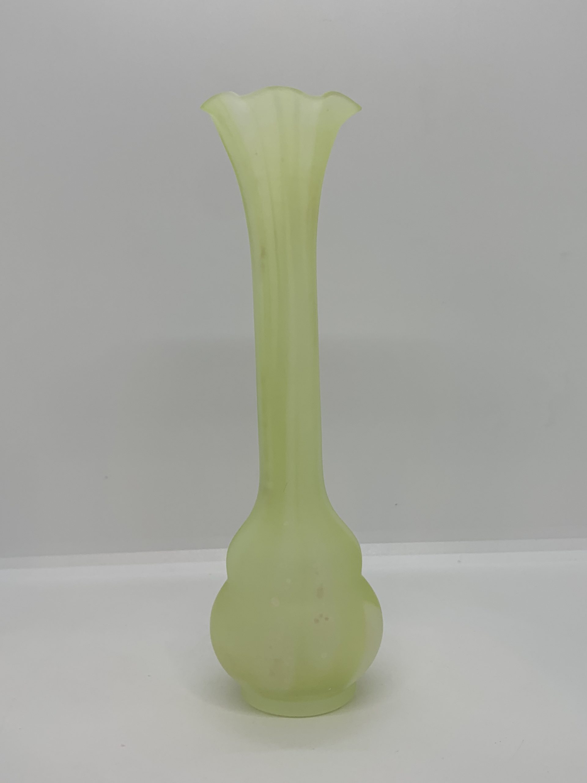 Lime Green Glass Vase with Ruffled Edge and Mottled Colouring 21cm