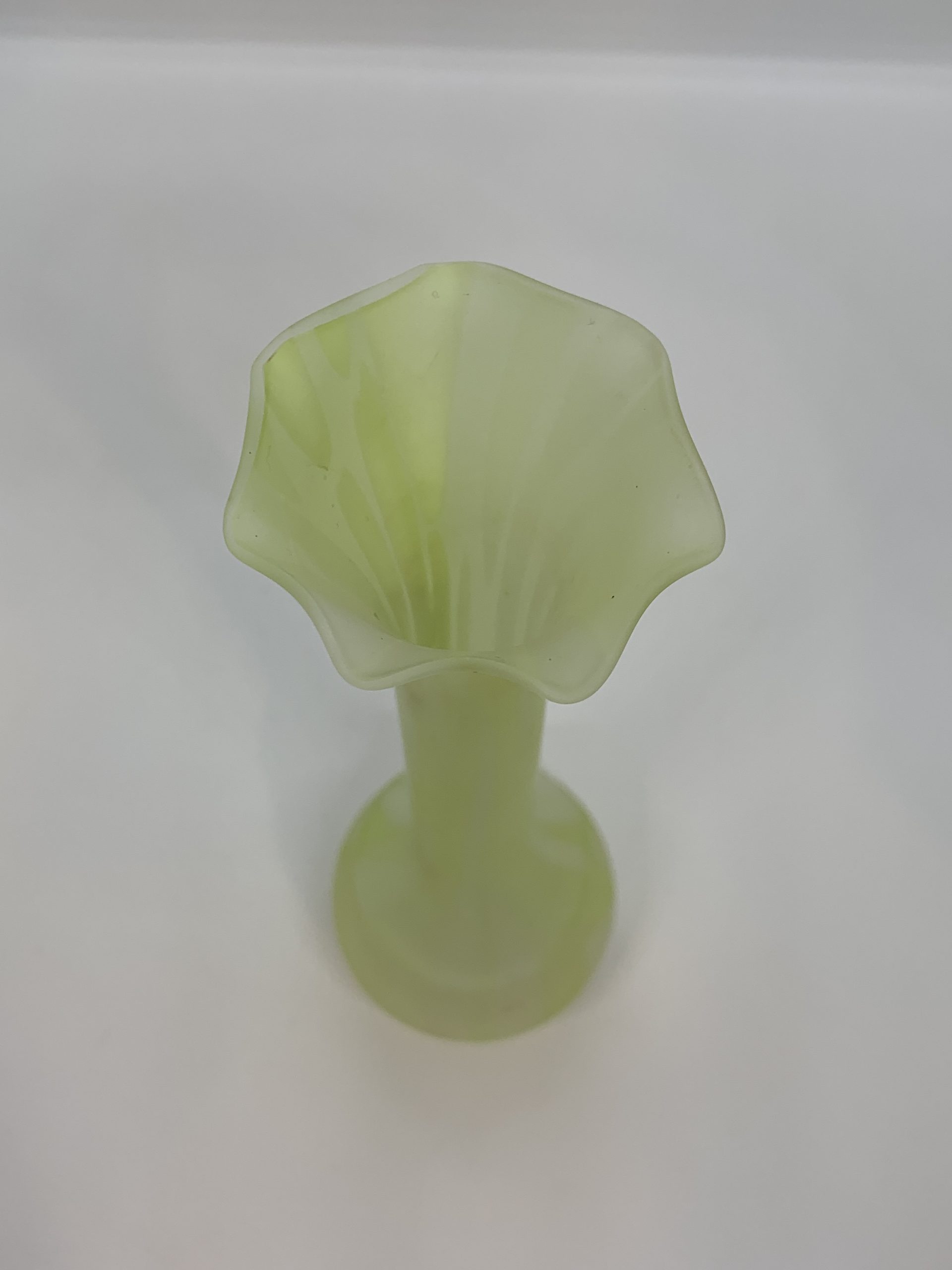 Lime Green Glass Vase with Ruffled Edge and Mottled Colouring 21cm