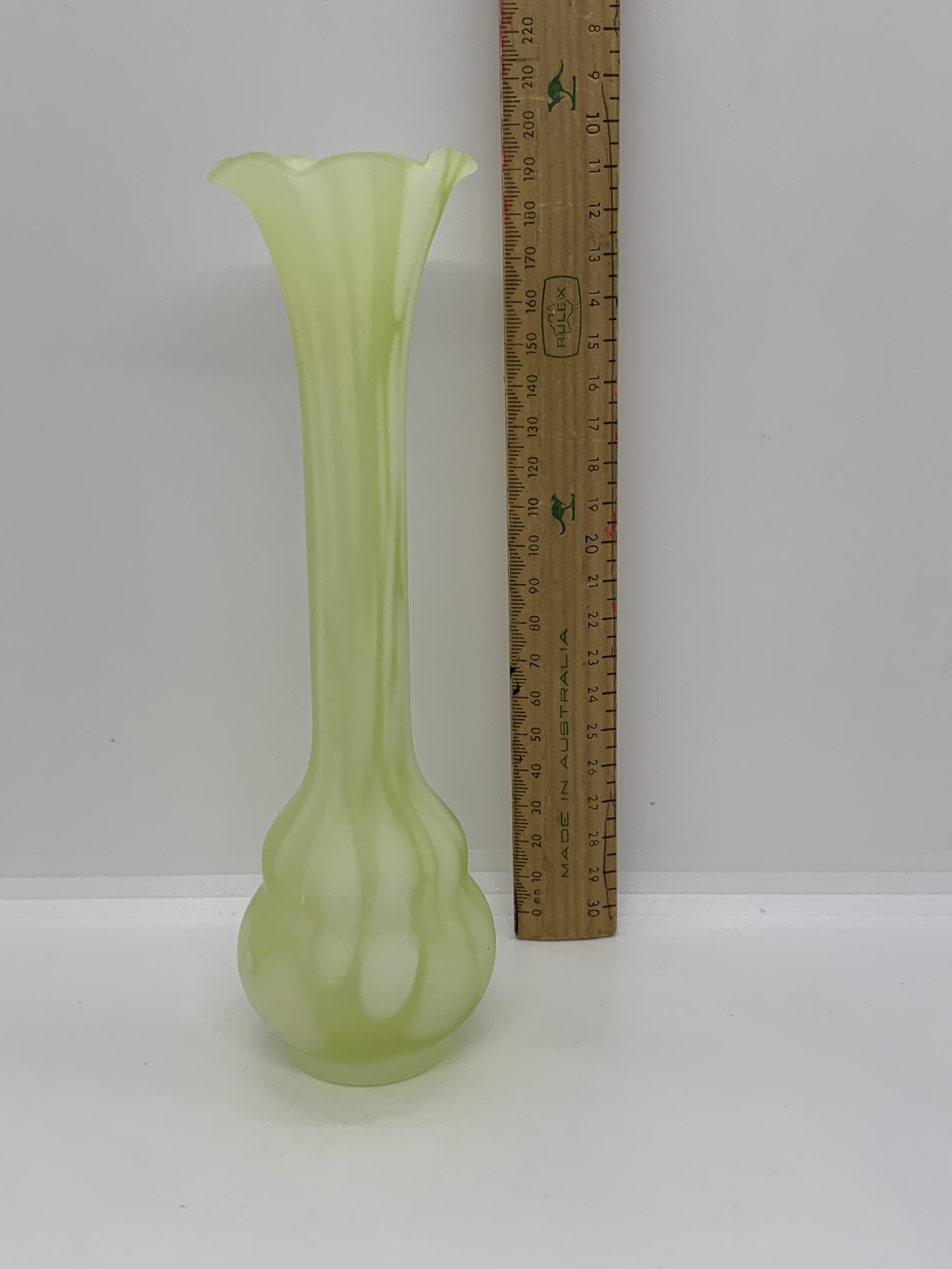 Lime Green Glass Vase with Ruffled Edge and Mottled Colouring 21cm