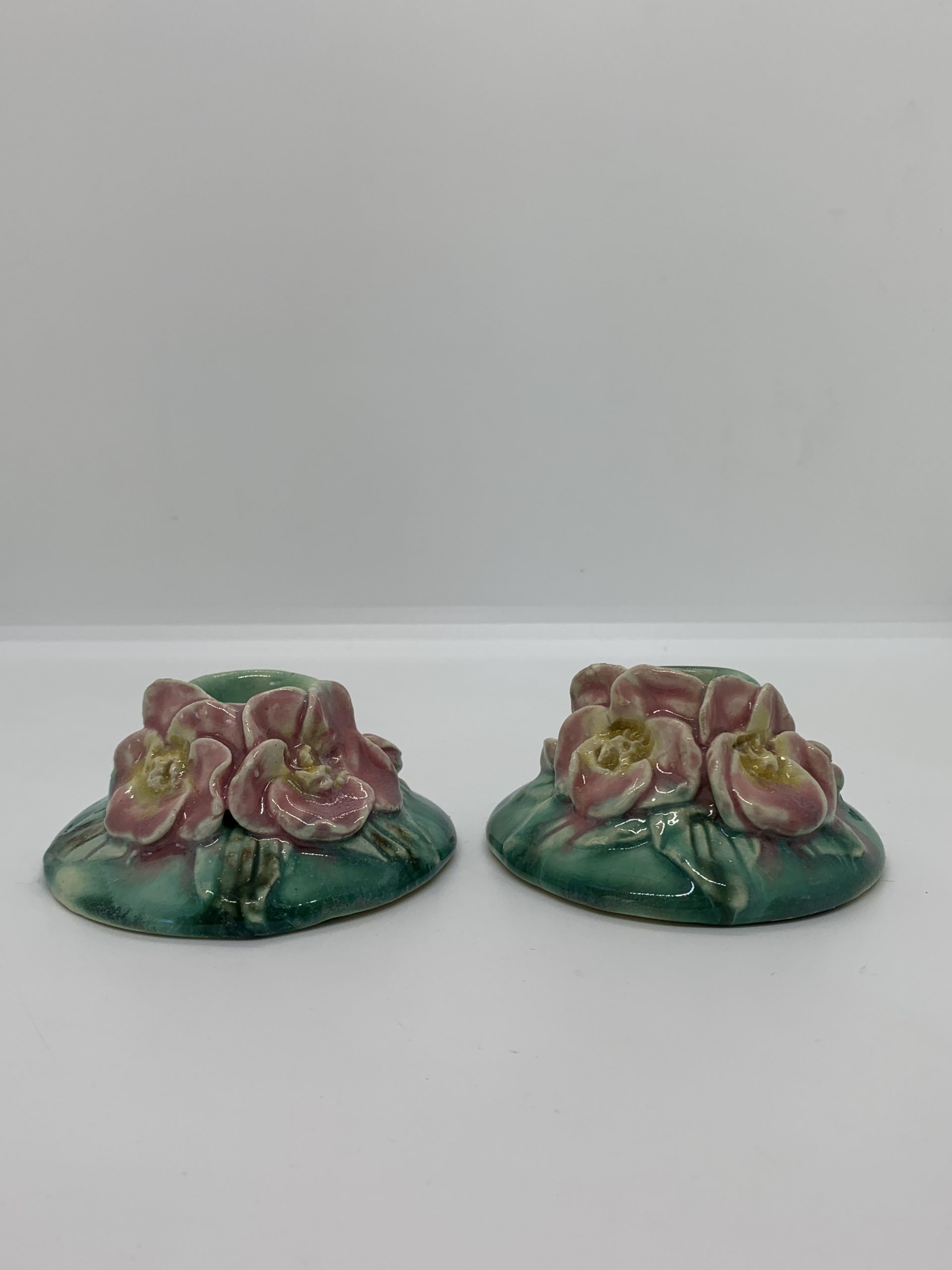 Shellian Pottery Vintage Sheila Ann Pottery Pair of Green Candle Holders with Applied ...