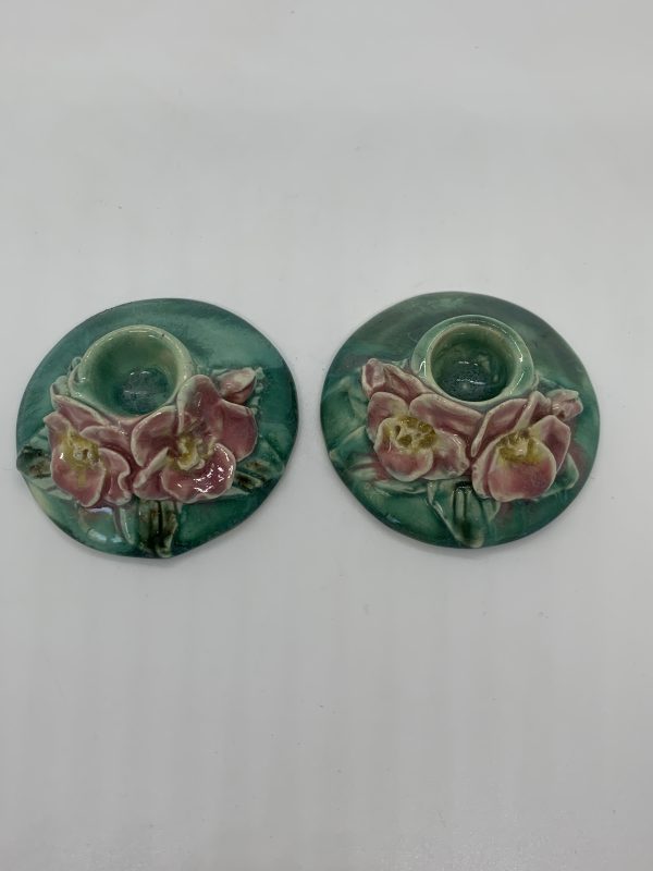 Shellian Pottery Vintage Sheila Ann Pottery Pair of Green Candle Holders with Applied ...