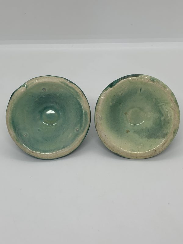 Shellian Pottery Vintage Sheila Ann Pottery Pair of Green Candle Holders with Applied ...