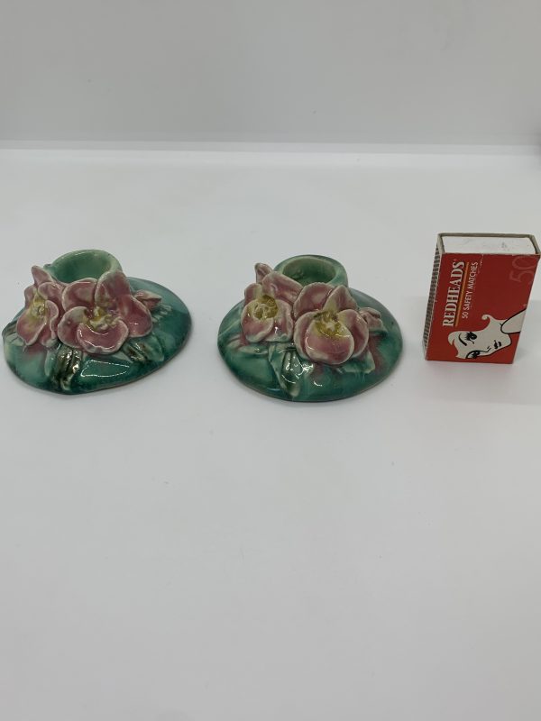Shellian Pottery Vintage Sheila Ann Pottery Pair of Green Candle Holders with Applied ...