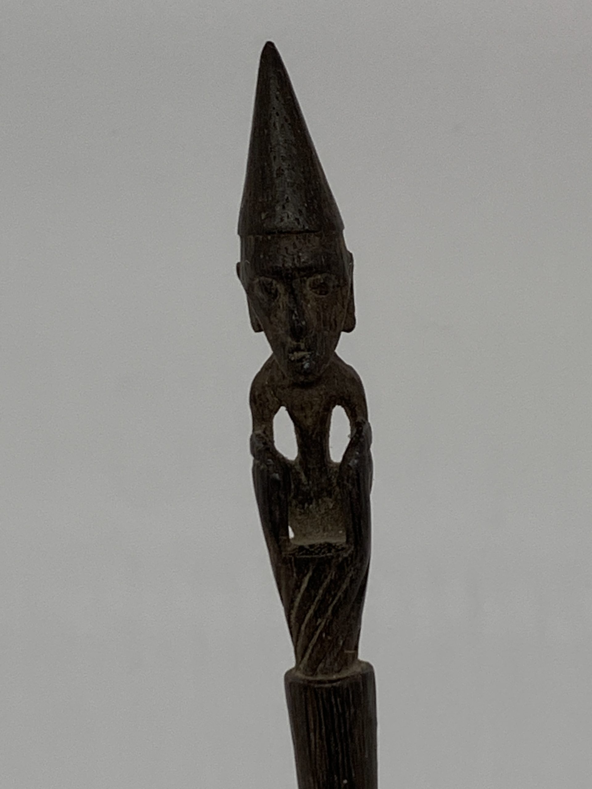 Wooden Stick with Man Sitting Finial Tribal - Possibly African Hair Pin (approx 30cm long)