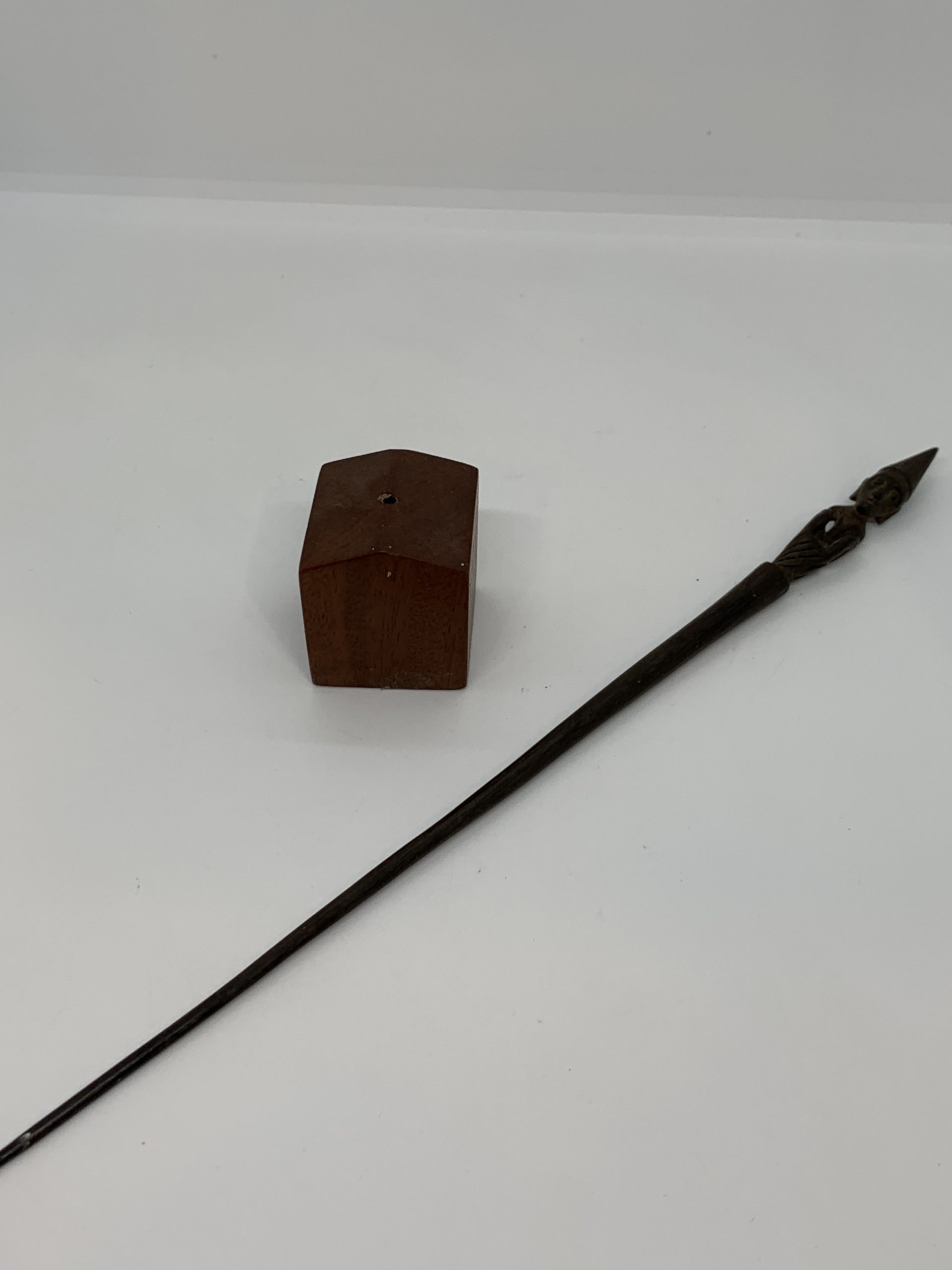 Wooden Stick with Man Sitting Finial Tribal - Possibly African Hair Pin (approx 30cm long)
