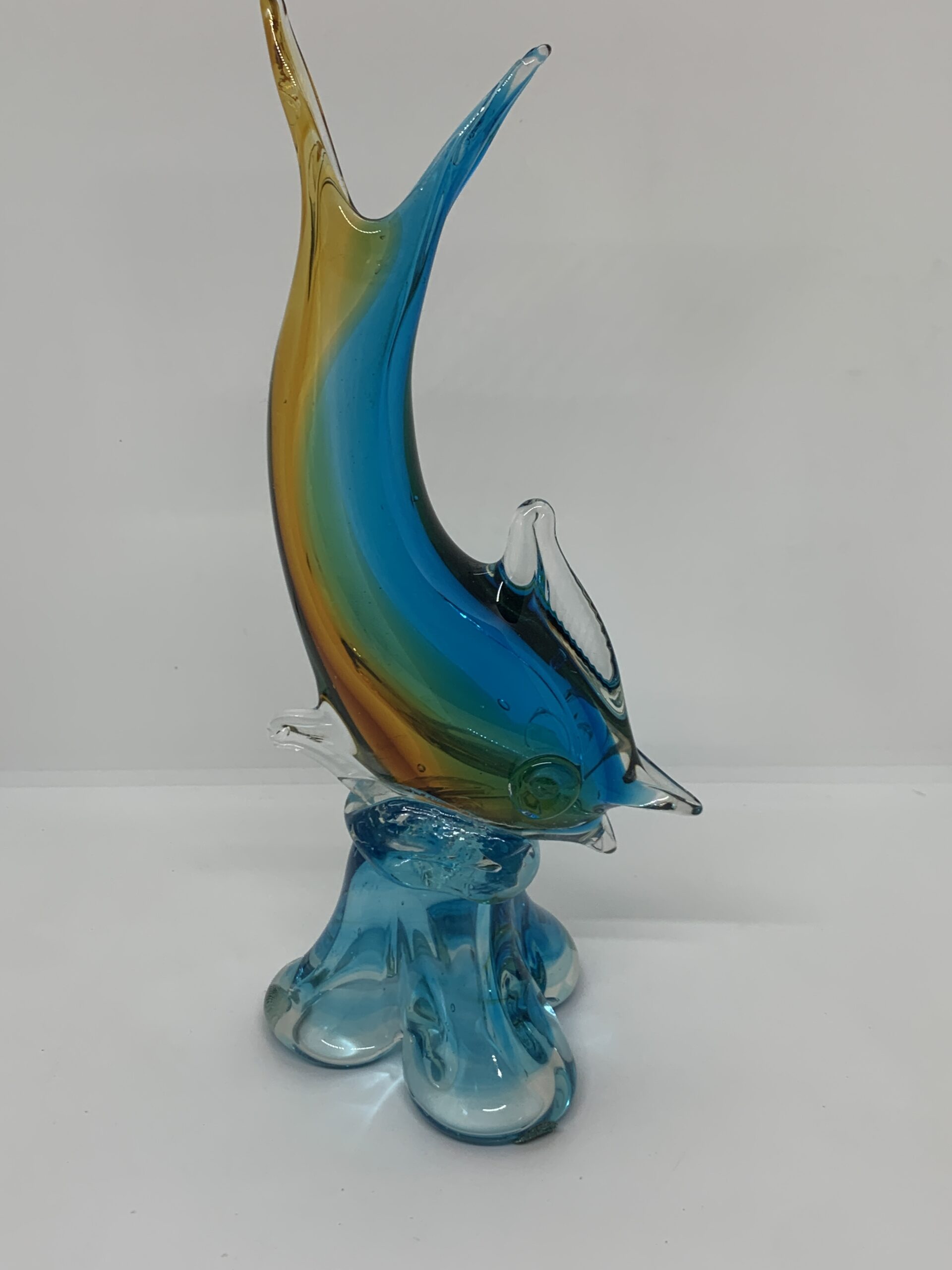 Art Glass Fish Vase with Turquiose and Amber 26cm tall (repaired)