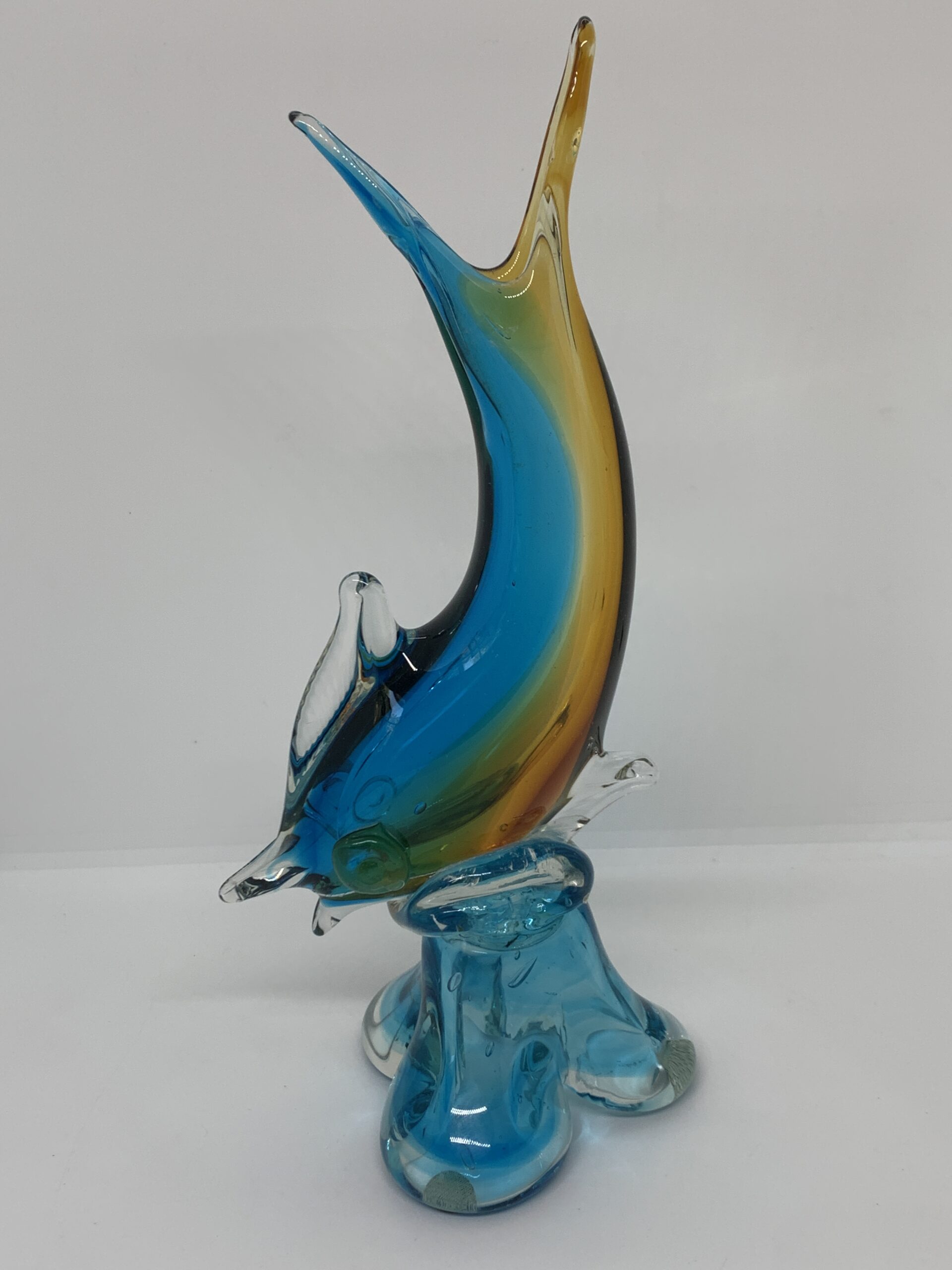 Art Glass Fish Vase with Turquiose and Amber 26cm tall (repaired)