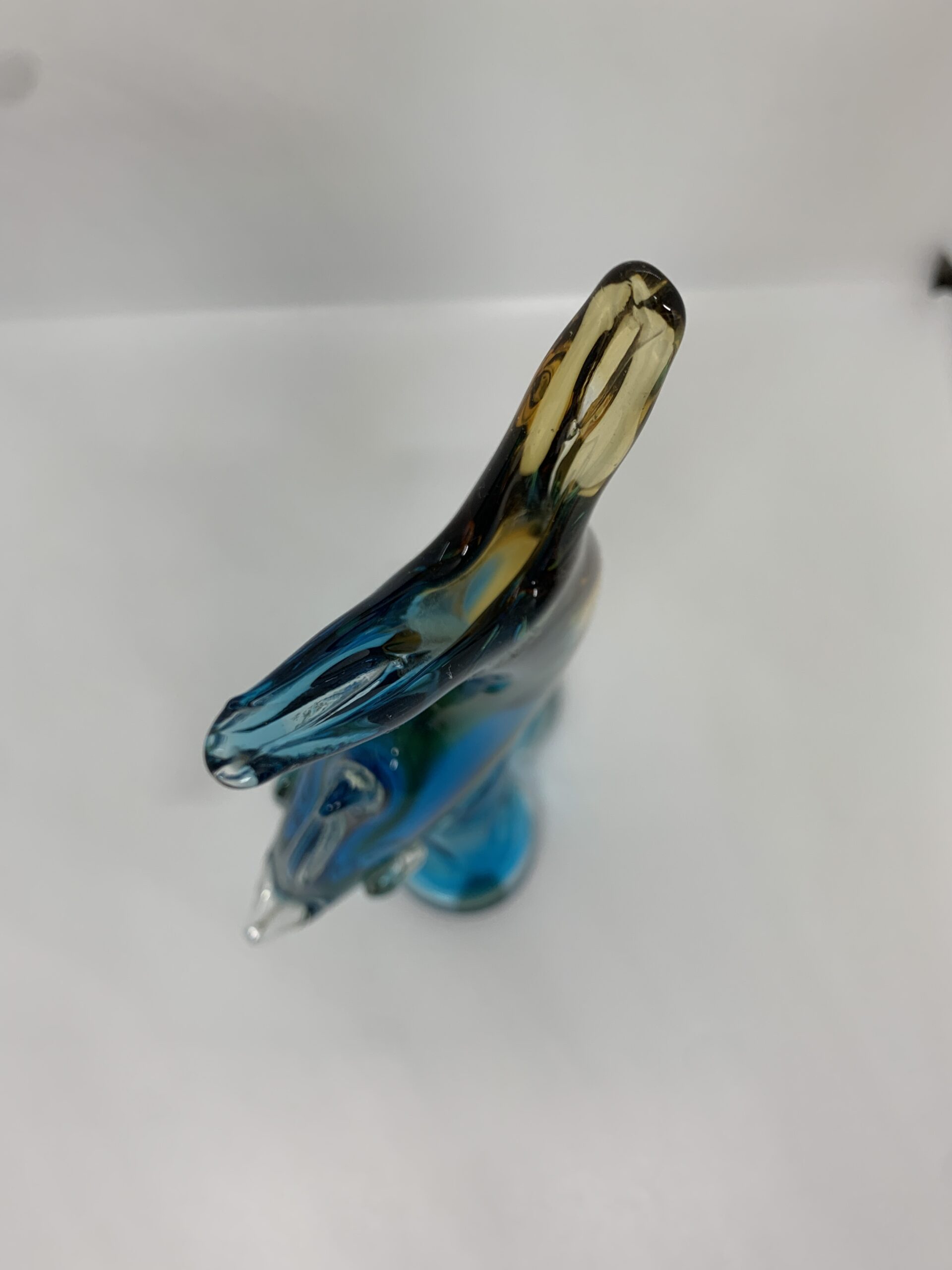 Art Glass Fish Vase with Turquiose and Amber 26cm tall (repaired)