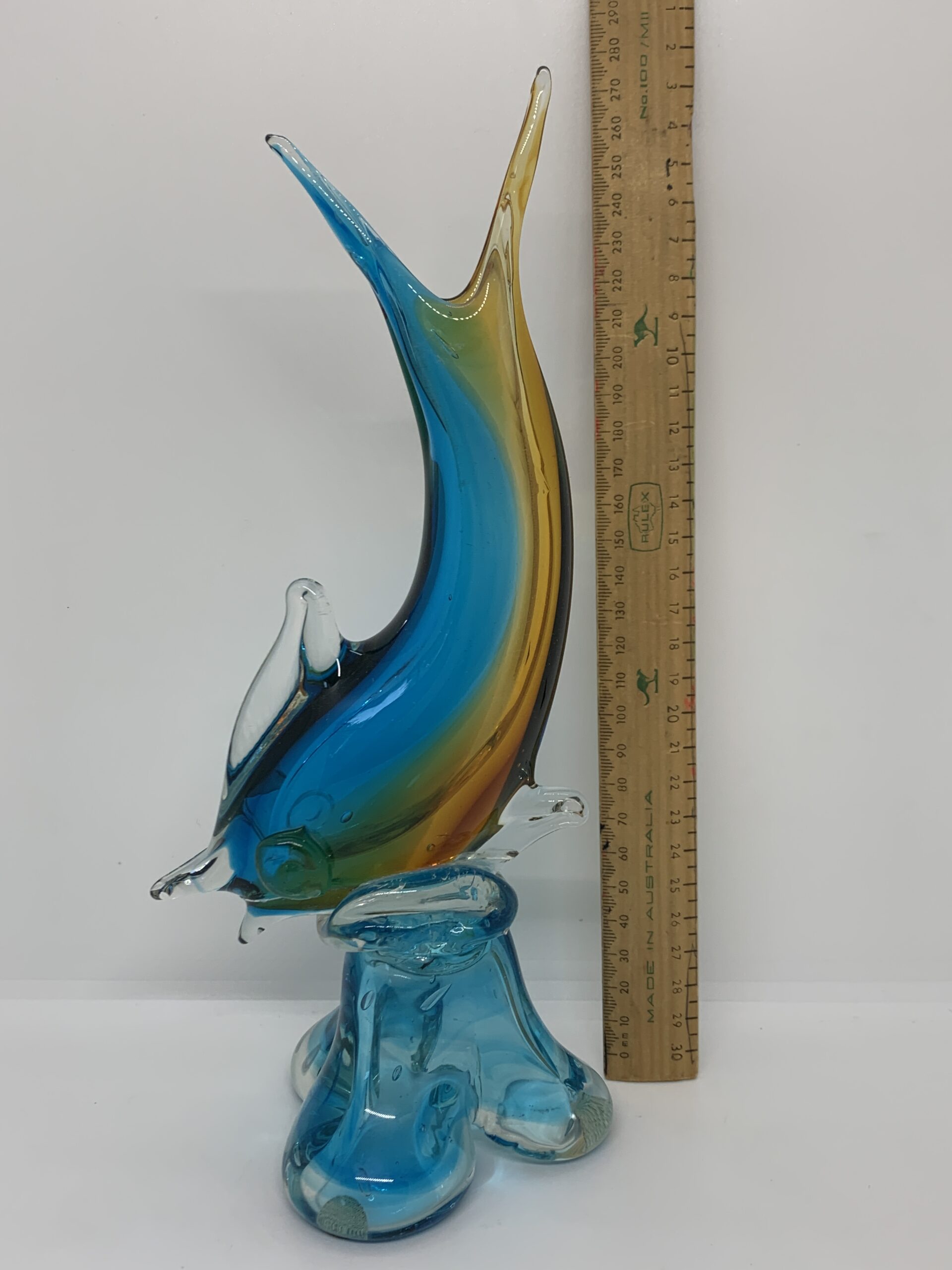 Art Glass Fish Vase with Turquiose and Amber 26cm tall (repaired)