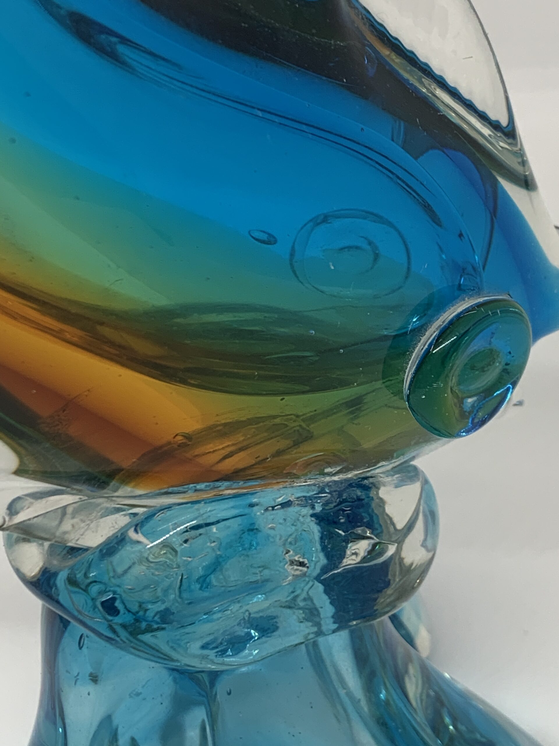 Art Glass Fish Vase with Turquiose and Amber 26cm tall (repaired)