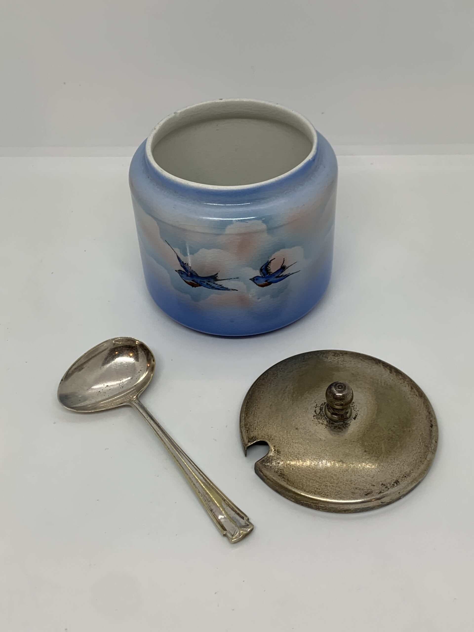 1920s Palissy England RdNo693121 Bluebirds Sugar Bowl with Spoon
