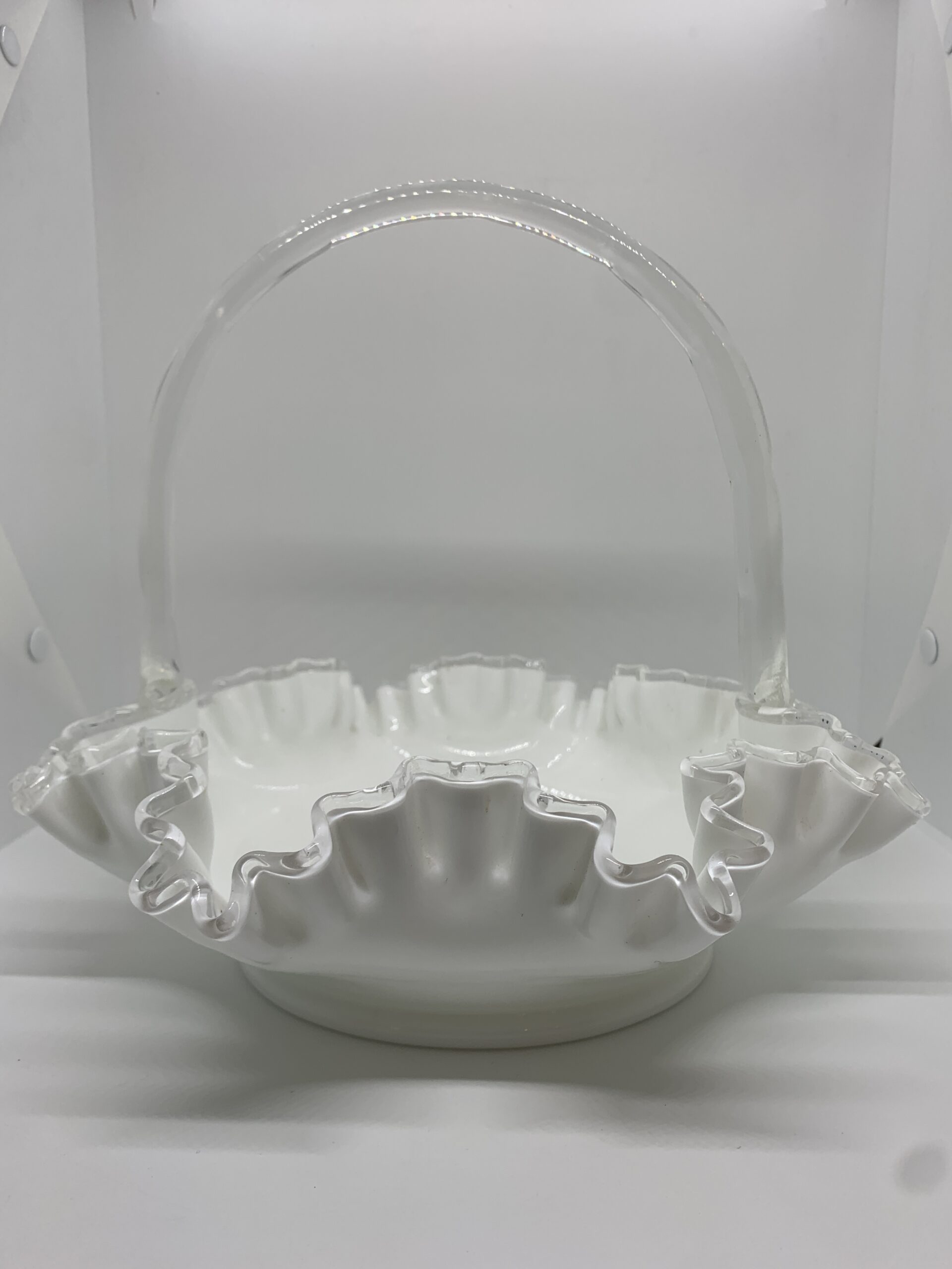 Fenton Silver Crest Ruffle Edged Milk Glass Handled Basket 25cm