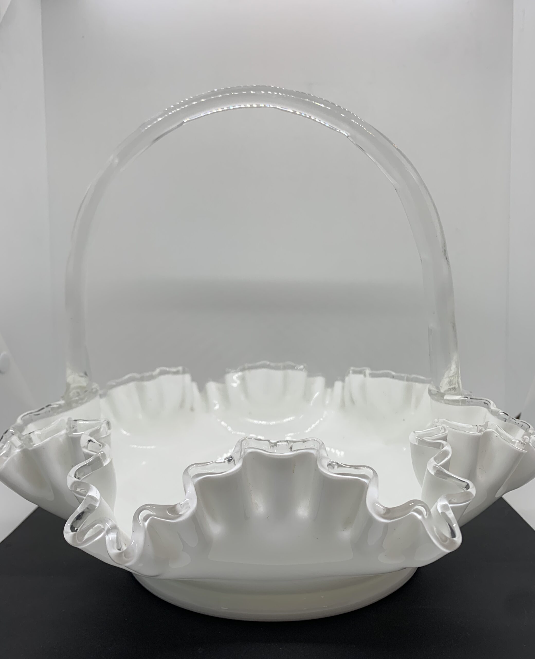 Fenton Silver Crest Ruffle Edged Milk Glass Handled Basket 25cm