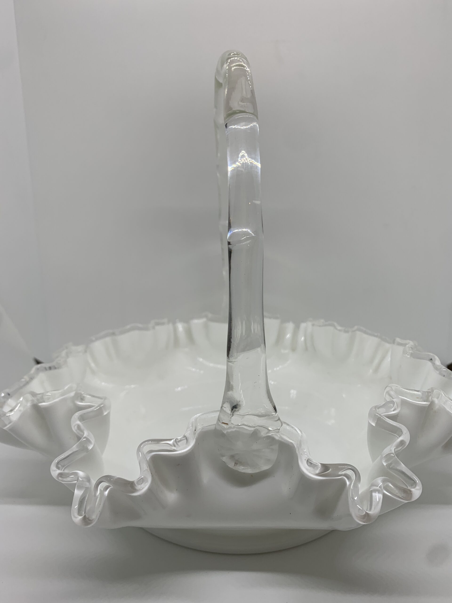 Fenton Silver Crest Ruffle Edged Milk Glass Handled Basket 25cm