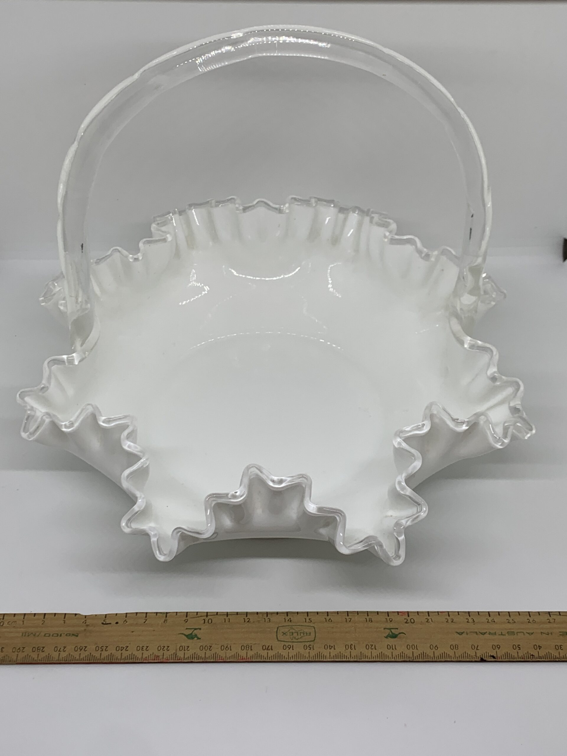 Fenton Silver Crest Ruffle Edged Milk Glass Handled Basket 25cm