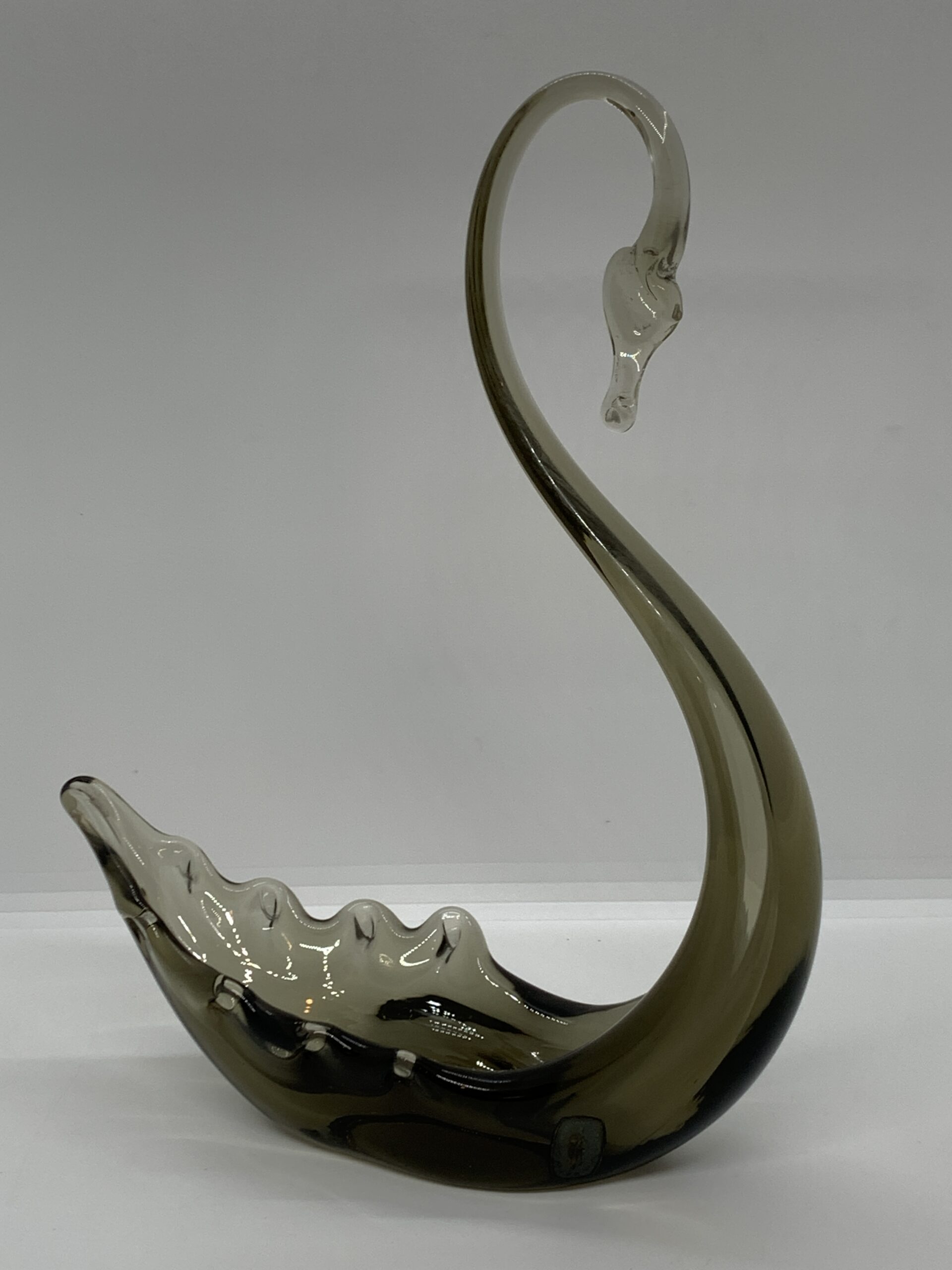 1960s Whitefriars Smoked Glass Swan Bowl 26cm with Original Label