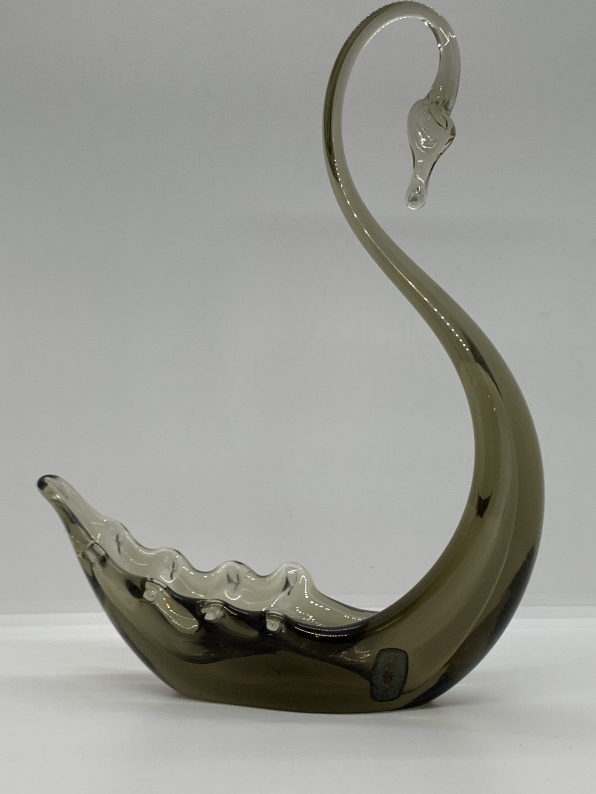1960s Whitefriars Smoked Glass Swan Bowl 26cm with Original Label