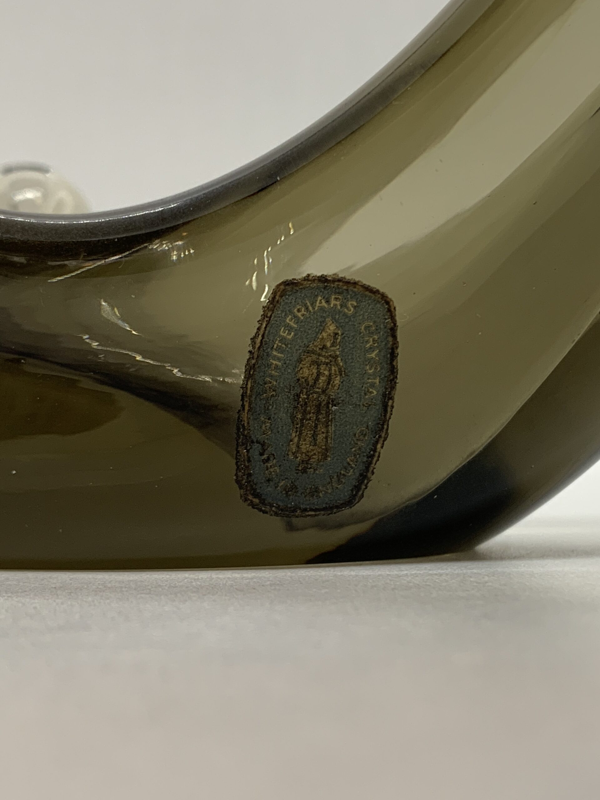 1960s Whitefriars Smoked Glass Swan Bowl 26cm with Original Label