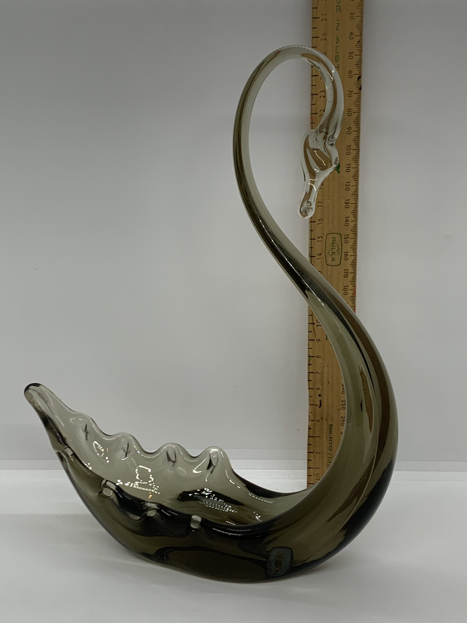 1960s Whitefriars Smoked Glass Swan Bowl 26cm with Original Label