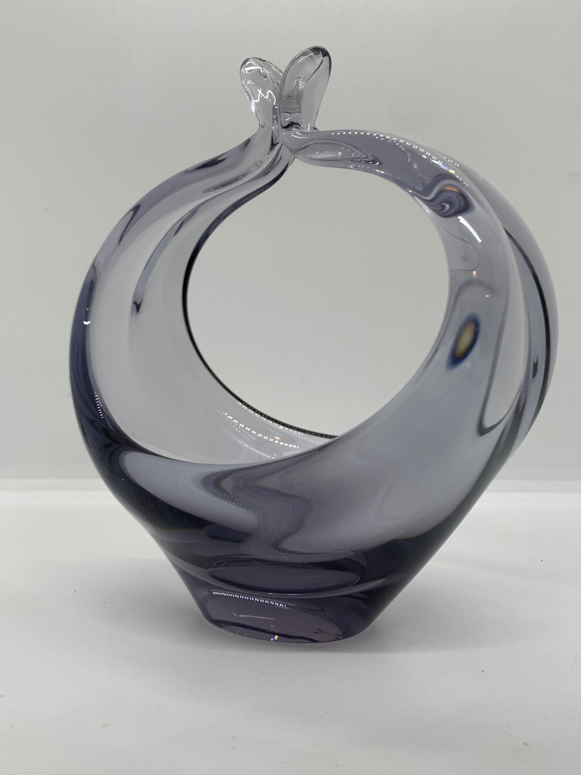 Art Glass Basket Bowl Smoky Purple Tinge 16cm high