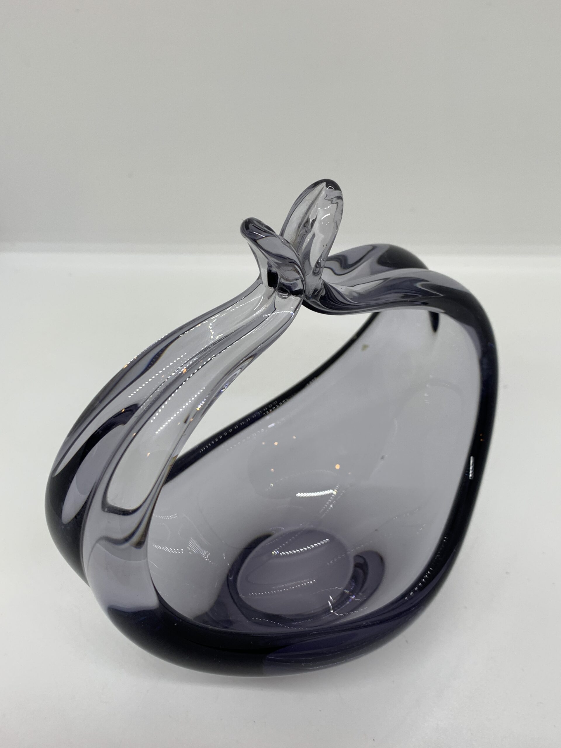 Art Glass Basket Bowl Smoky Purple Tinge 16cm high