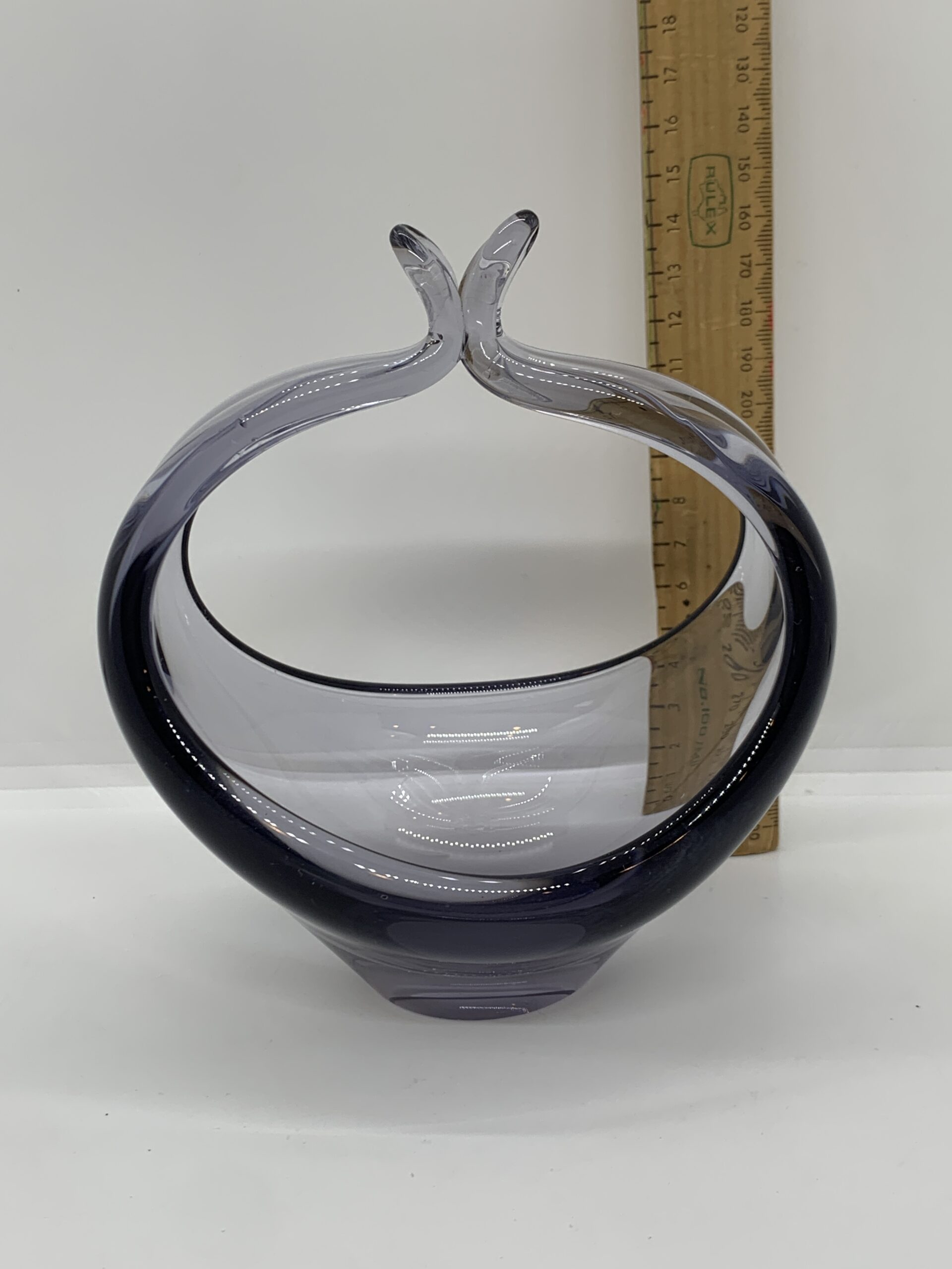 Art Glass Basket Bowl Smoky Purple Tinge 16cm high