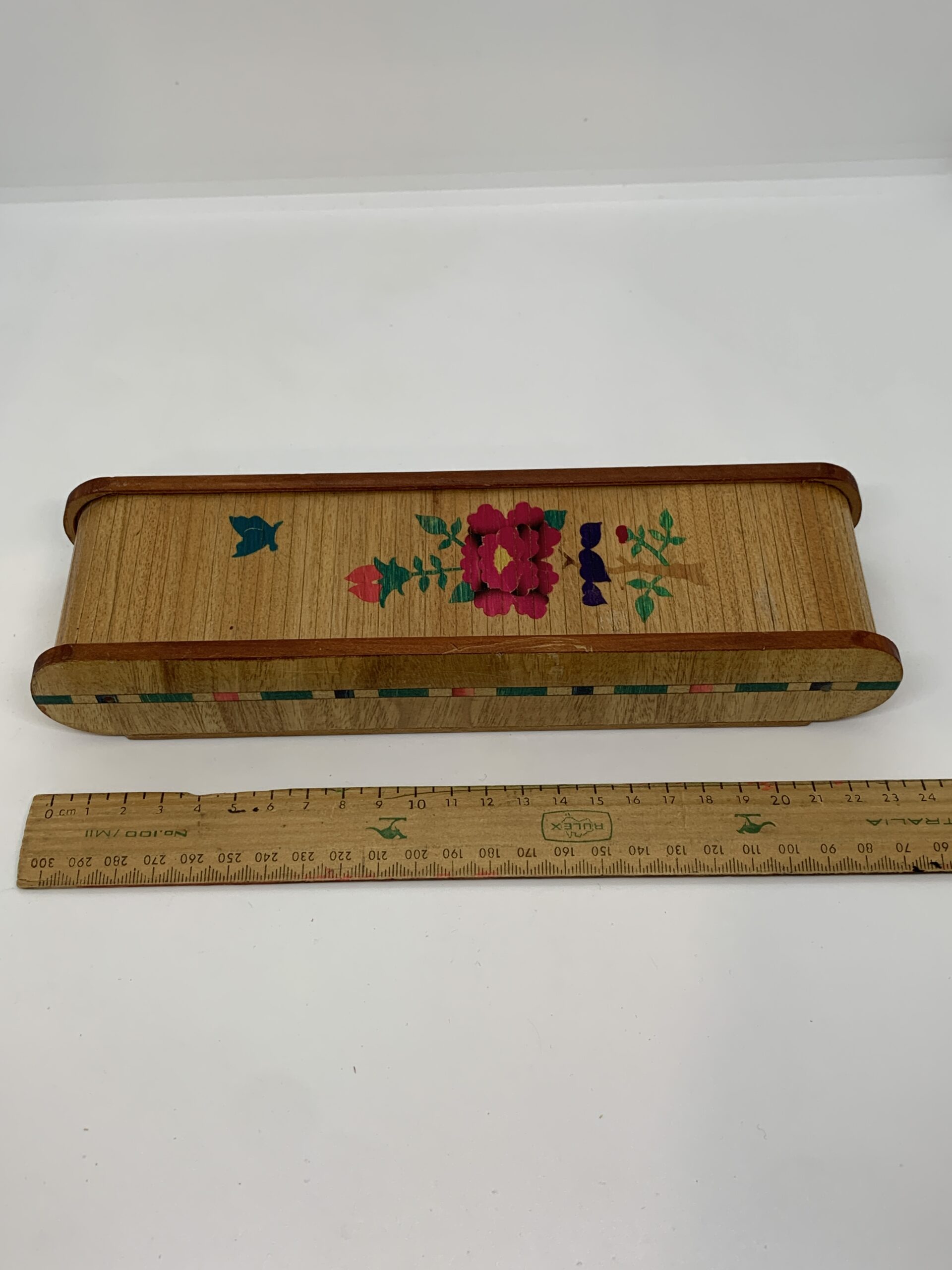 Japanese Wooden Roll Top Pencil Case with Flower Pic 24cm long