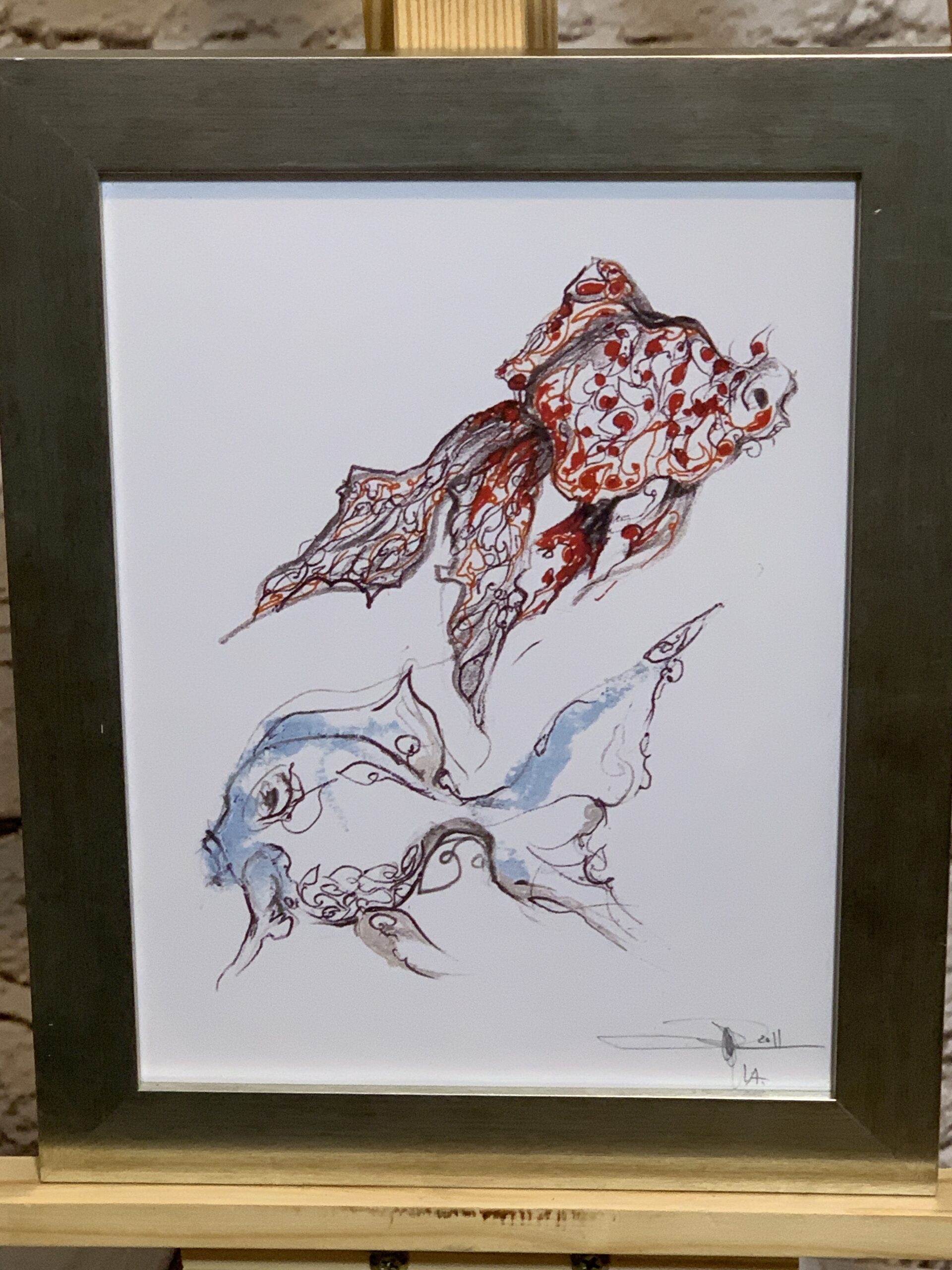Two Fish Ink and Watercolor Picture signed lower right 33x27cm ...