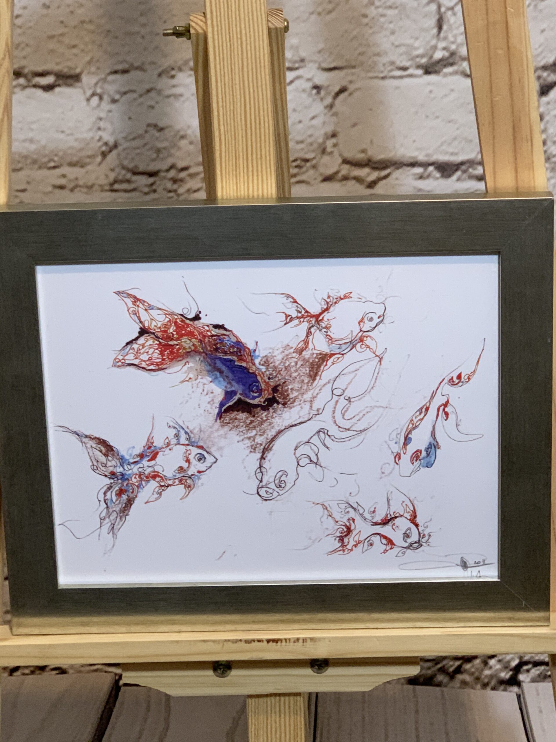 Four Fish Ink and Watercolor Picture signed lower right 27x33cm ...