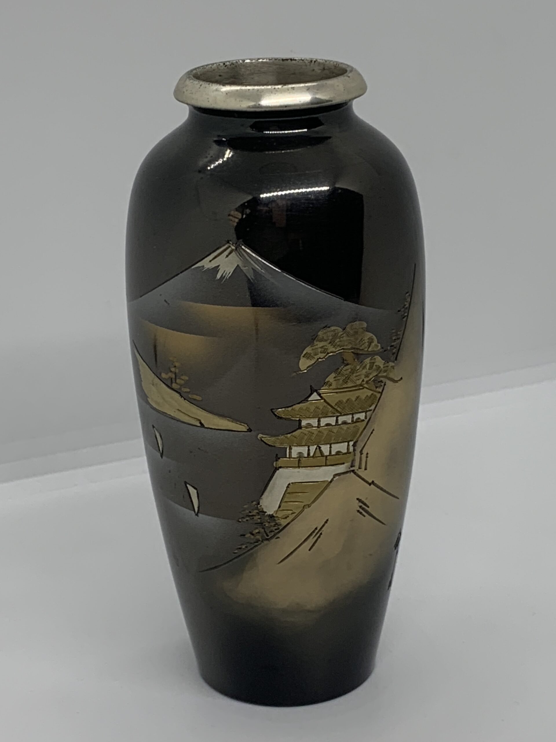 Vintage Japanese Etched Metal Vase - Mount Fuji - 16cm - Vintage Keepsakes