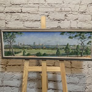 James Farrell Oil Painting of City Scape atop Hill 24x70cm (1967)