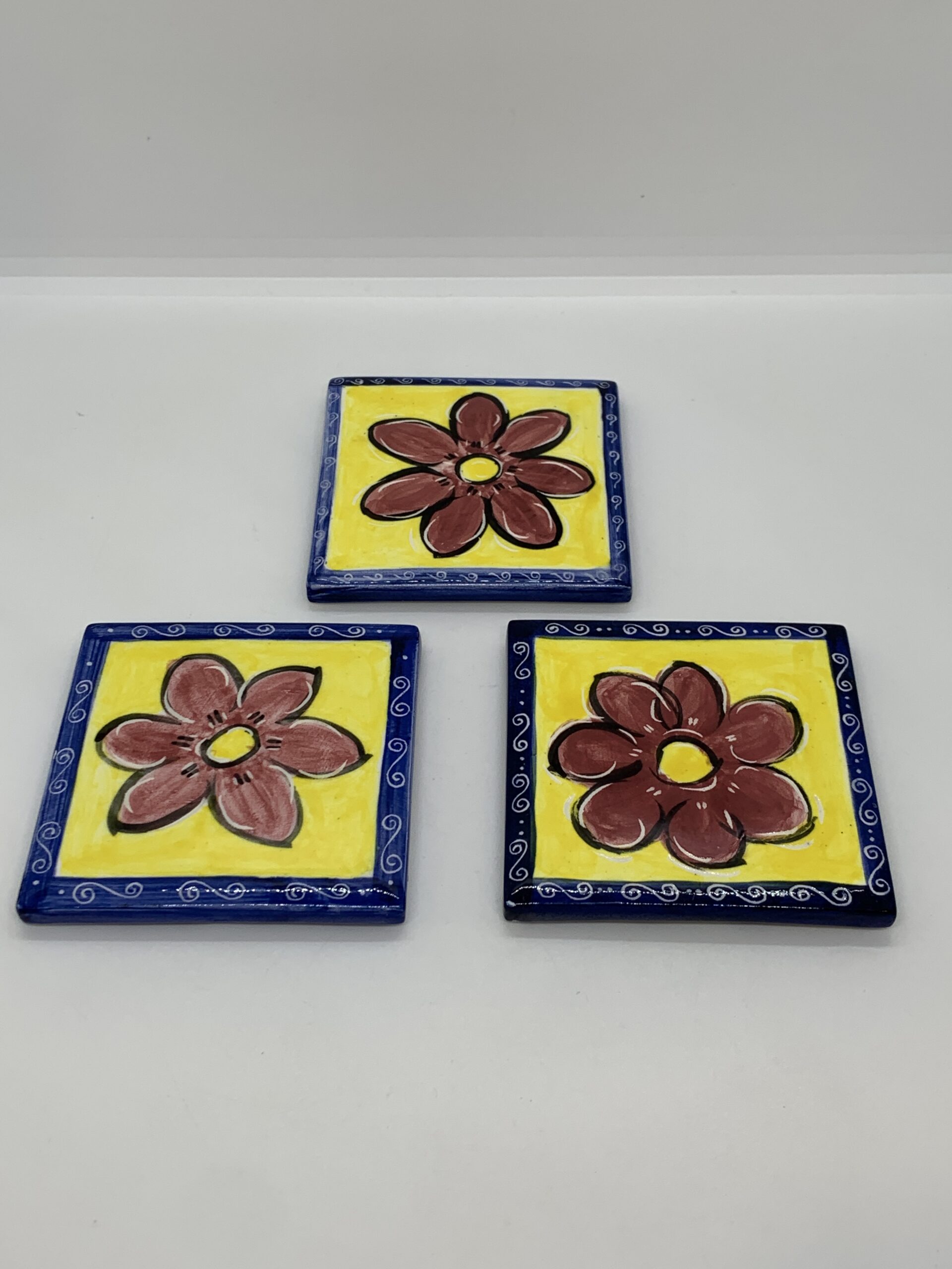 Three Tile Coasters Square with Handpainted Red Flower 8.5cm - Vintage ...
