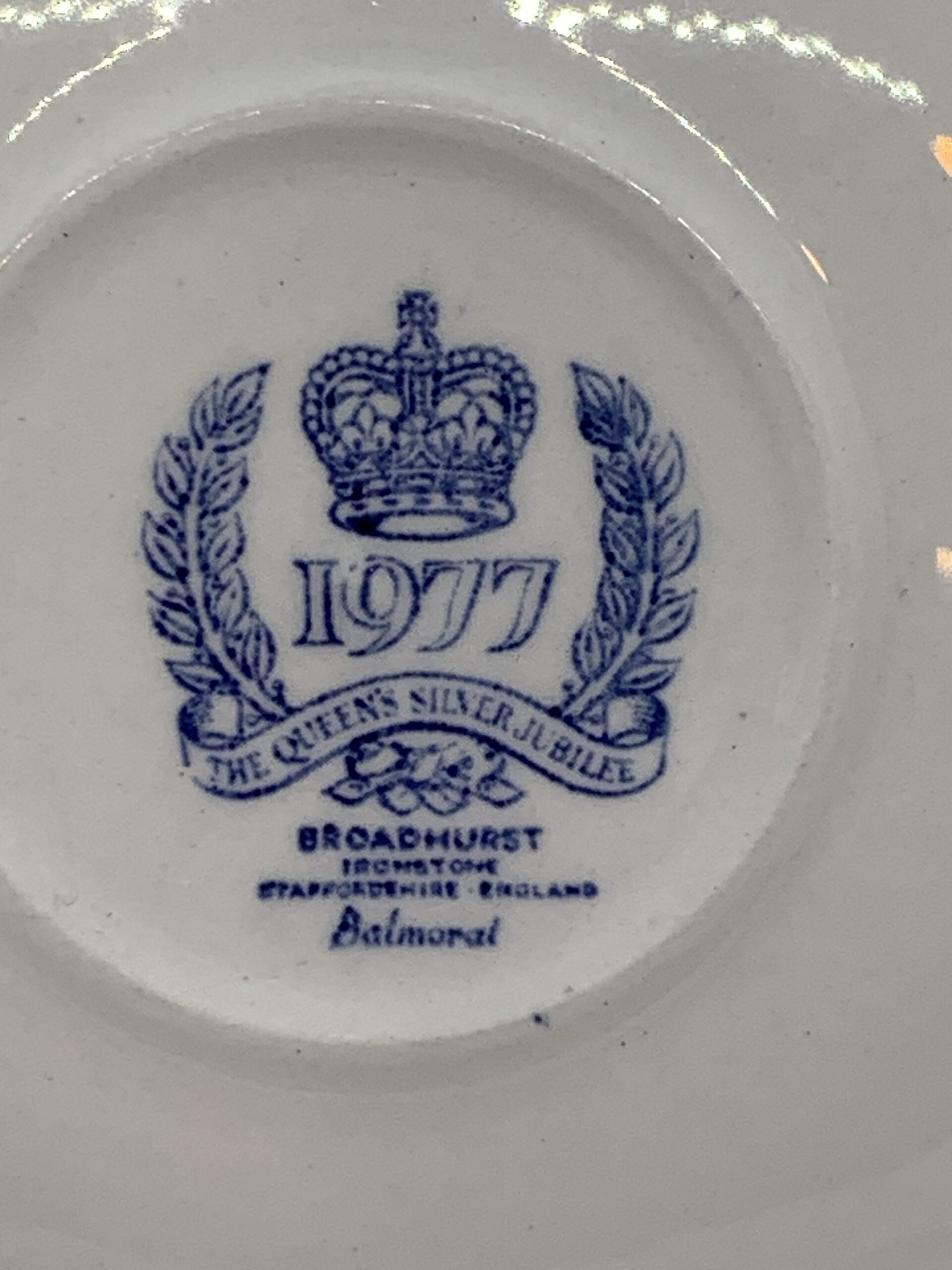 1977 Queens Silver Jubilee Broadhurst Blue and White Saucer 14cm