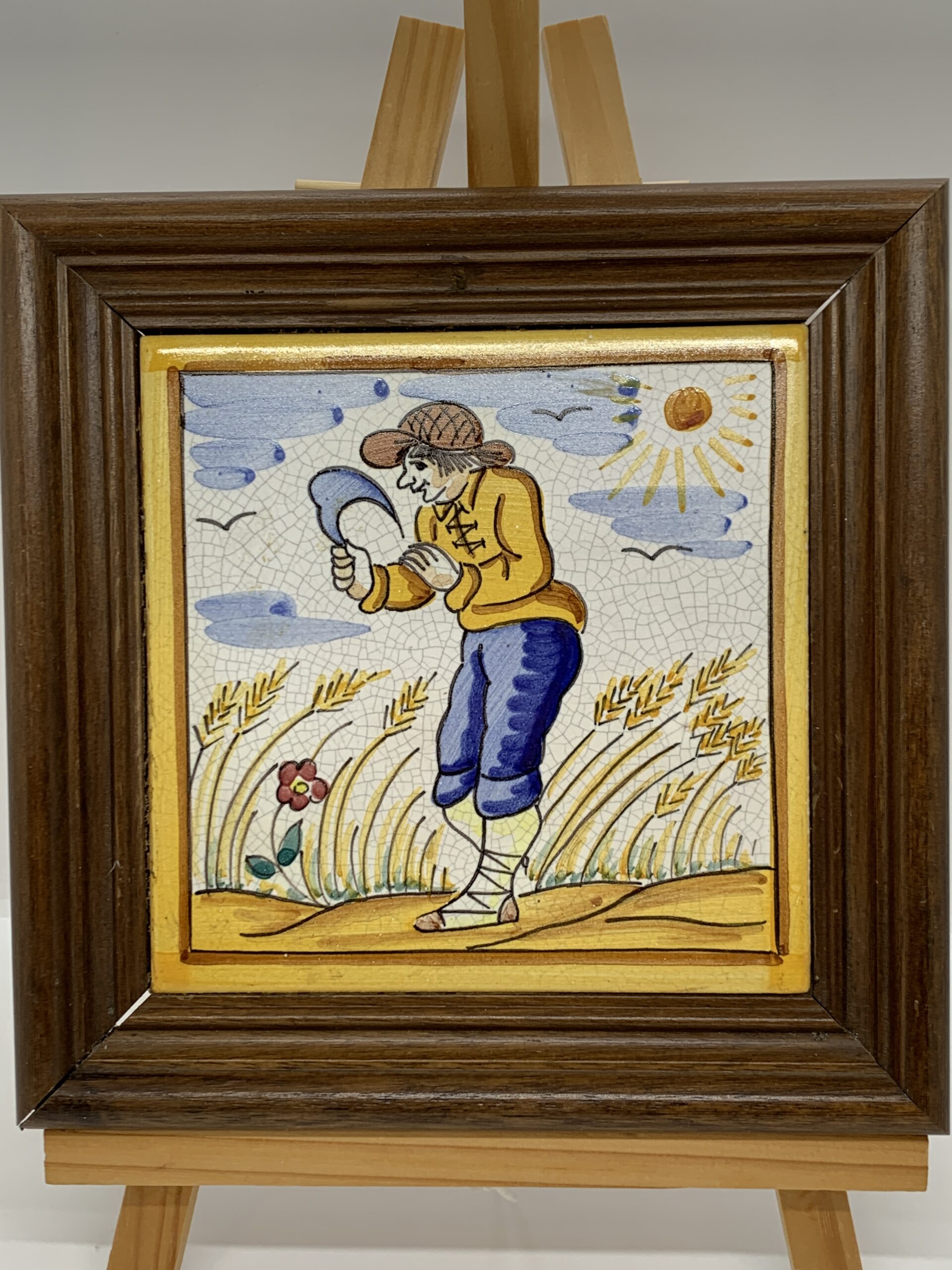Hand Painted Spanish Folk Art Tile in Wood Frame 21cm - Vintage Keepsakes