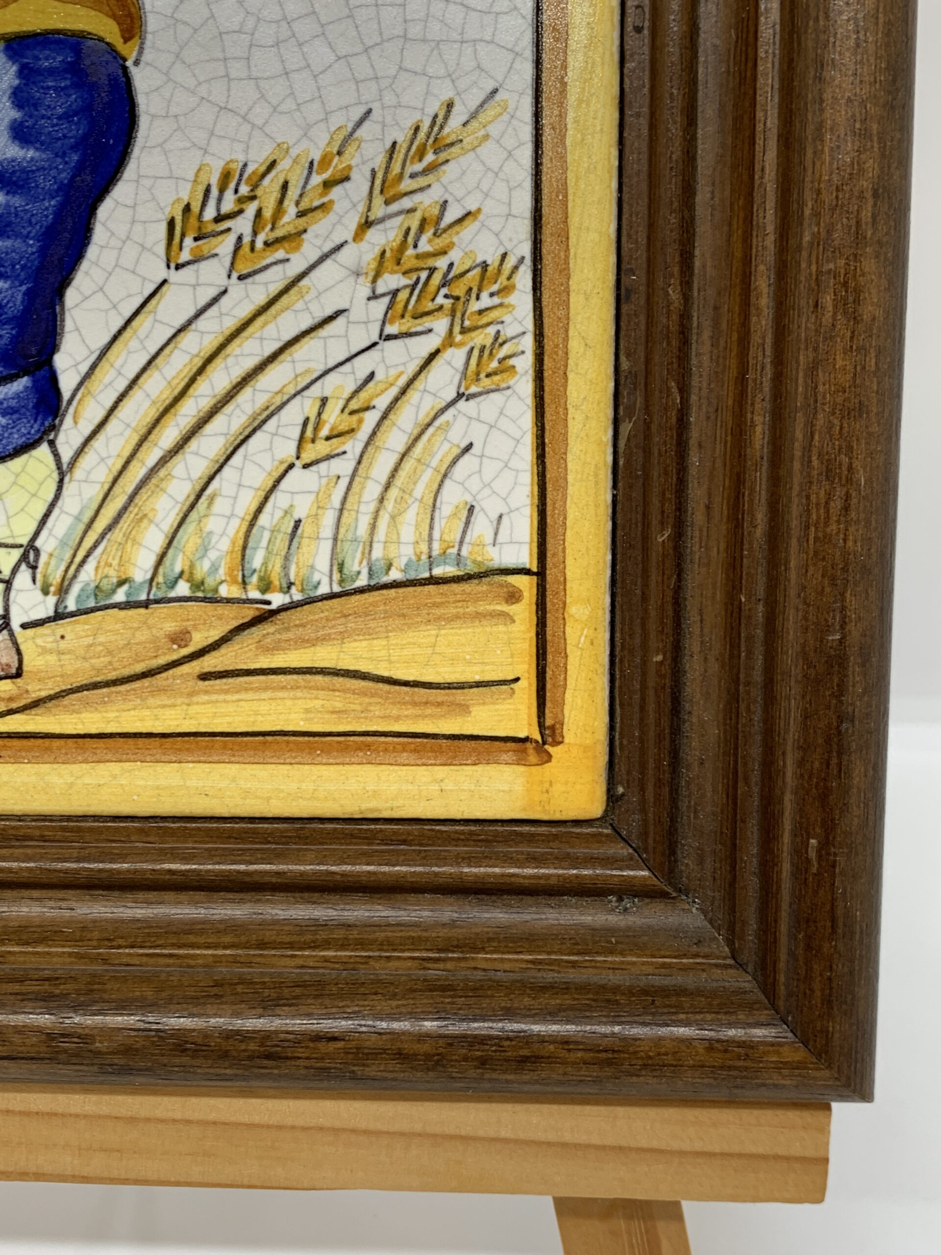 Hand Painted Spanish Folk Art Tile in Wood Frame 21cm - Vintage Keepsakes