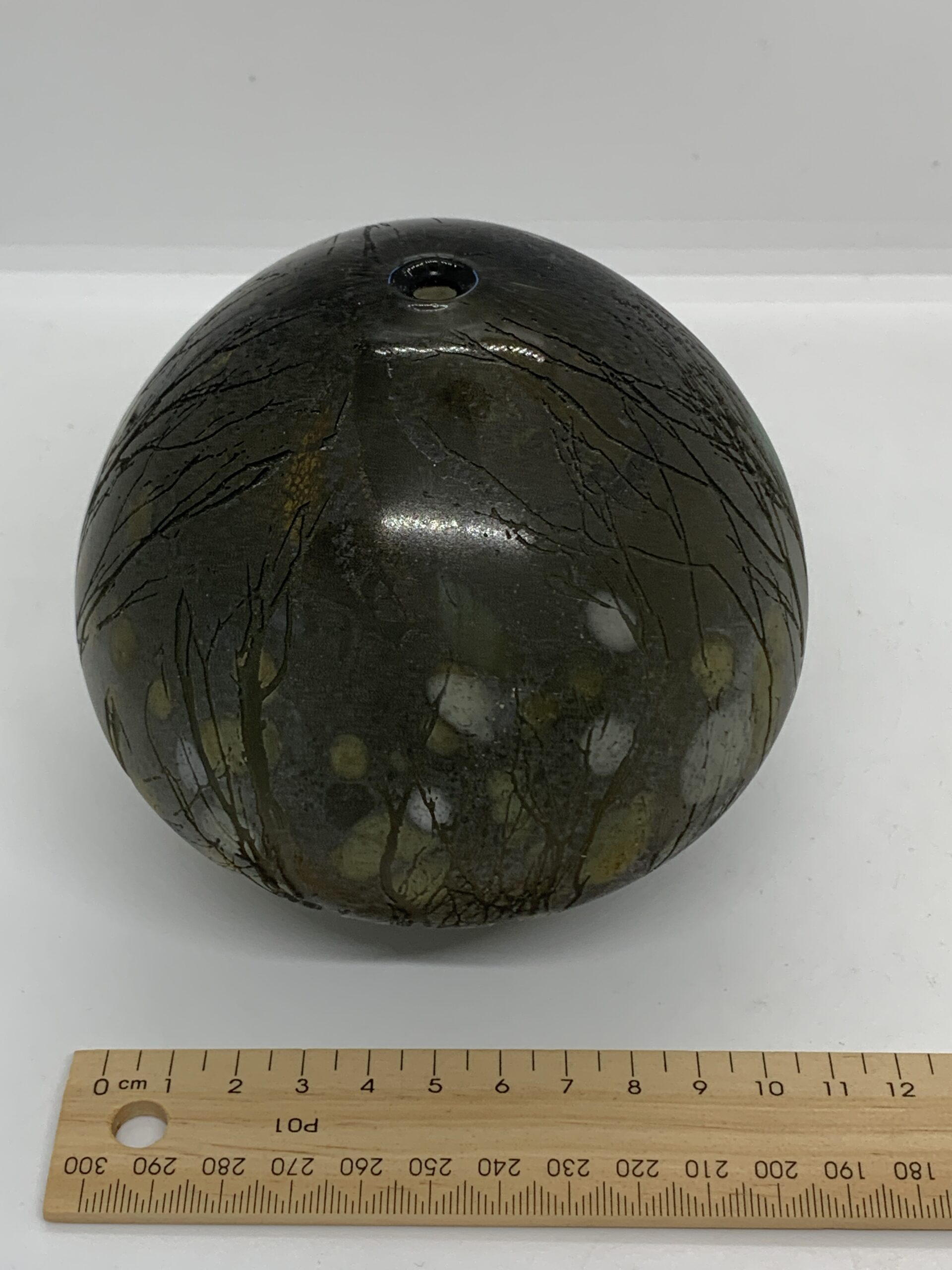 Glass Paperweight Orb with Incised Tree Design 10cm - Vintage Keepsakes