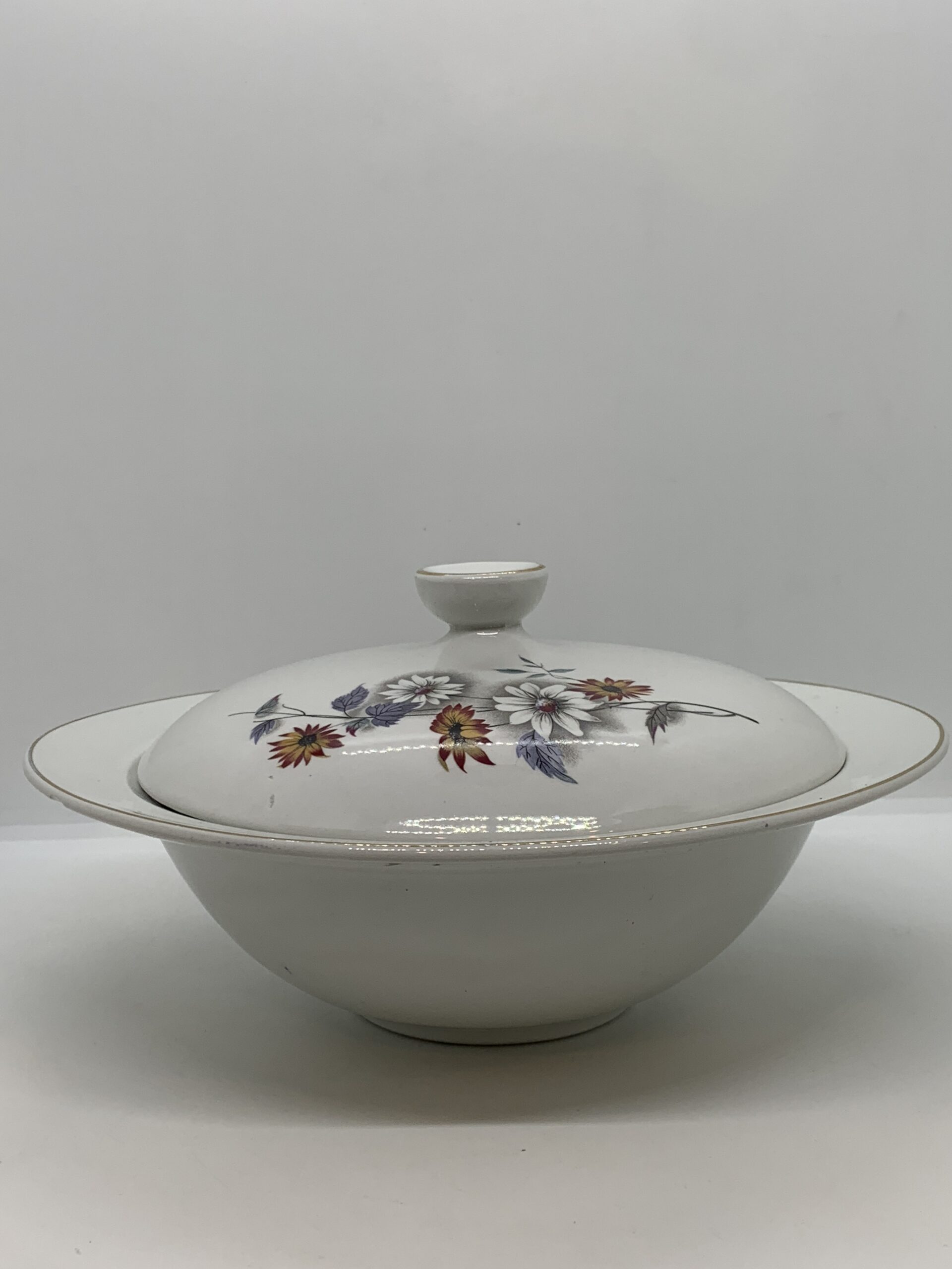 Grindley Satin White (floral design) Lidded Bowl 22cm (chipped)