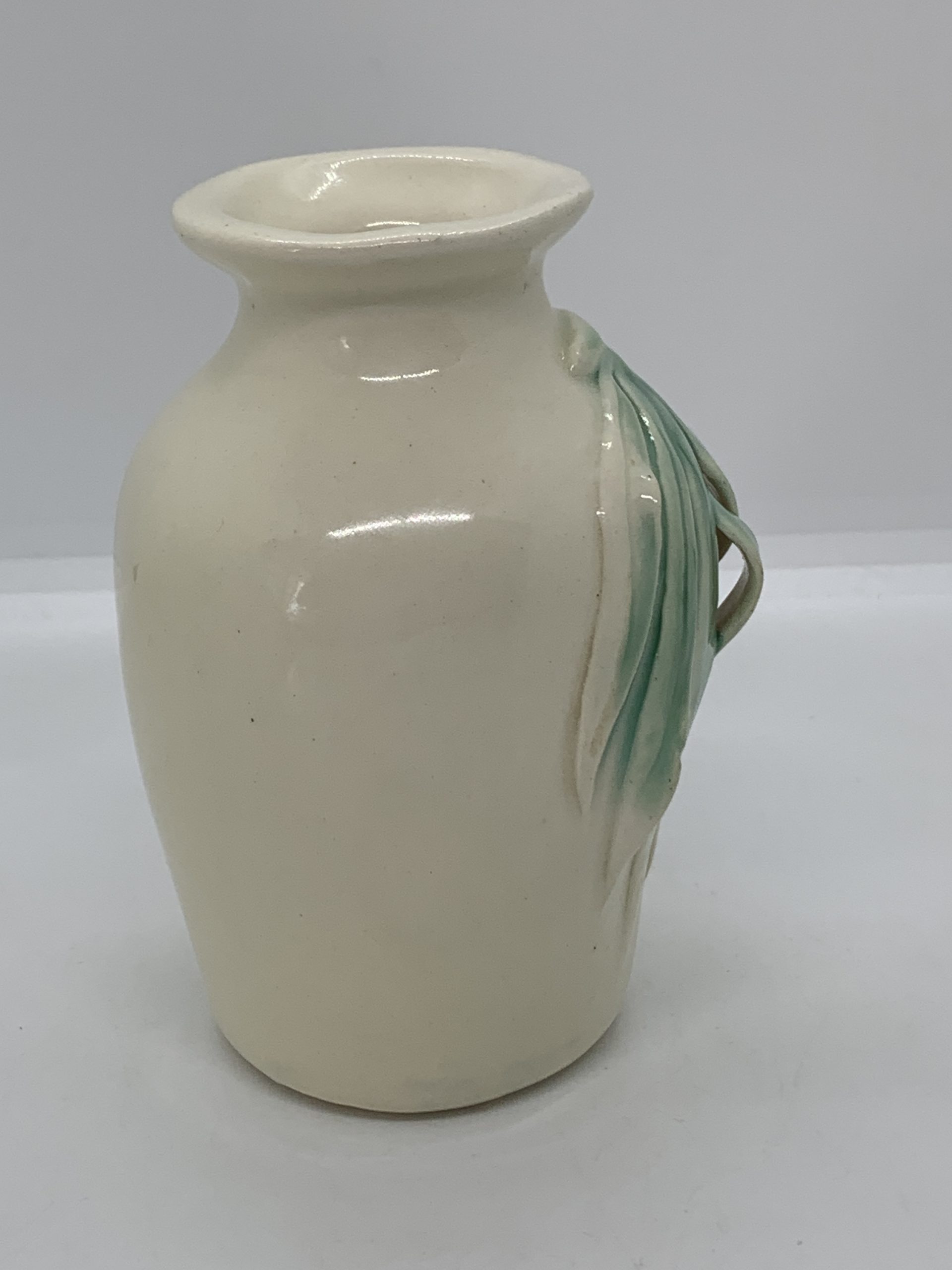 White Pottery Vase with Gum Leaf Adornment 11cm (unmarked) - Vintage ...