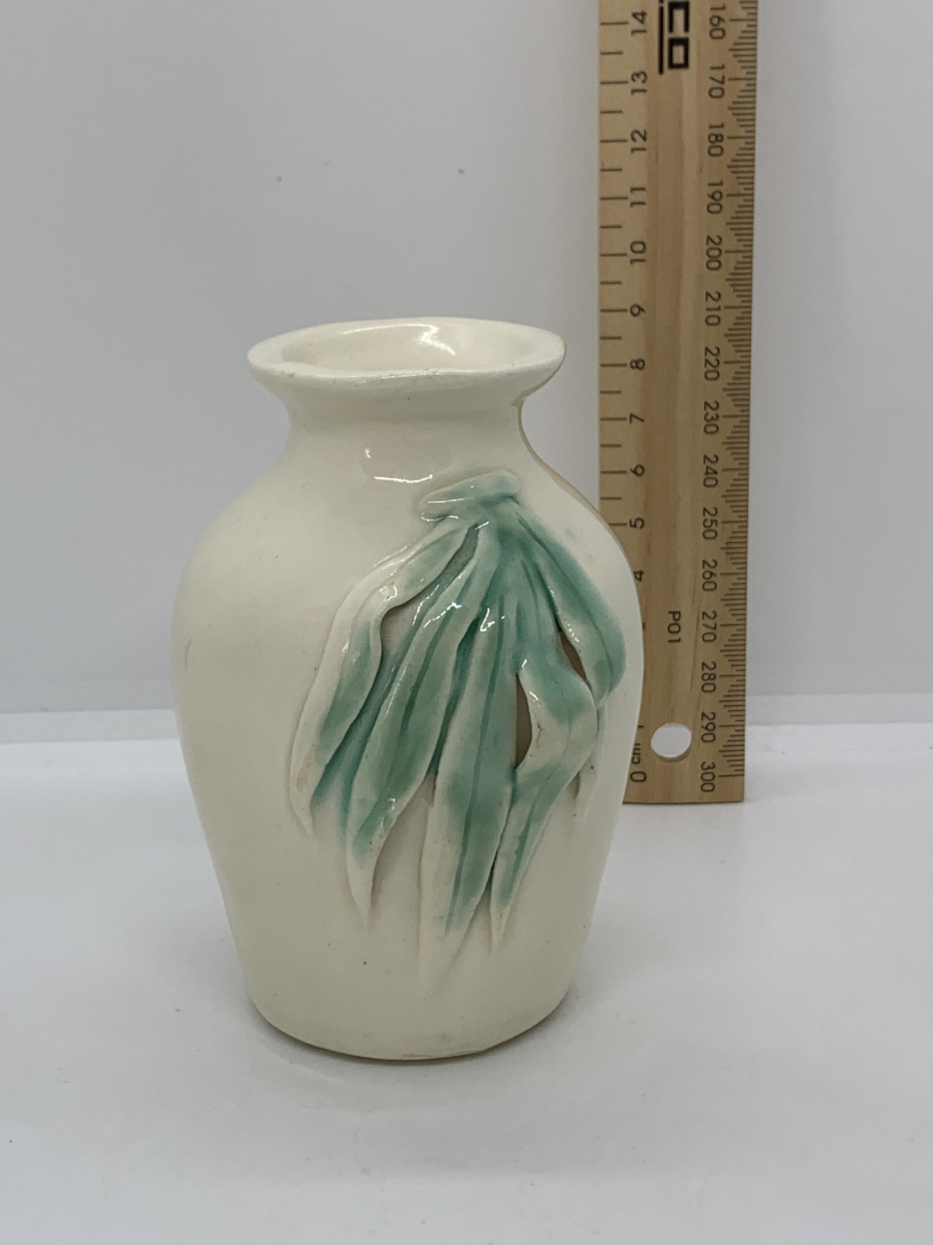 White Pottery Vase with Gum Leaf Adornment 11cm (unmarked) - Vintage ...