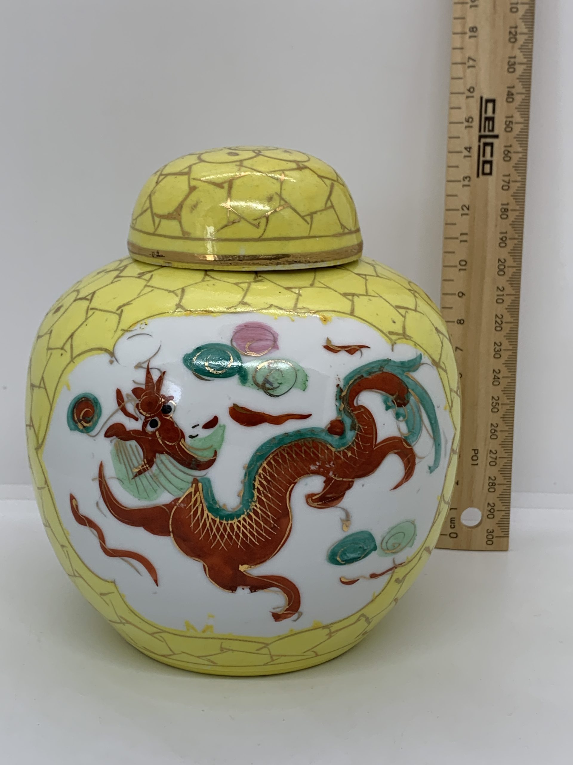 Yellow Ginger Jar with Handpainted Dragon Design 14cm