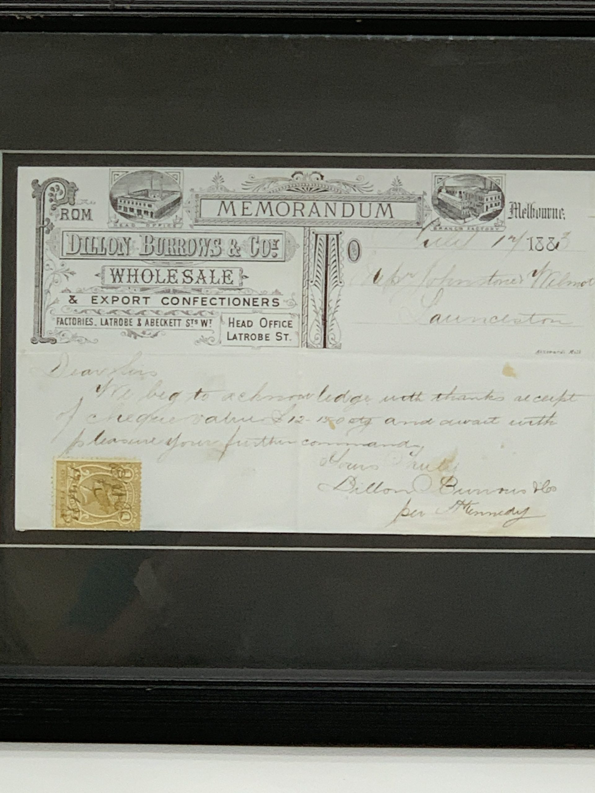 1883 Dillon Burrows Memorandum Letter with One Penny Stamp 28x36cm (framed)