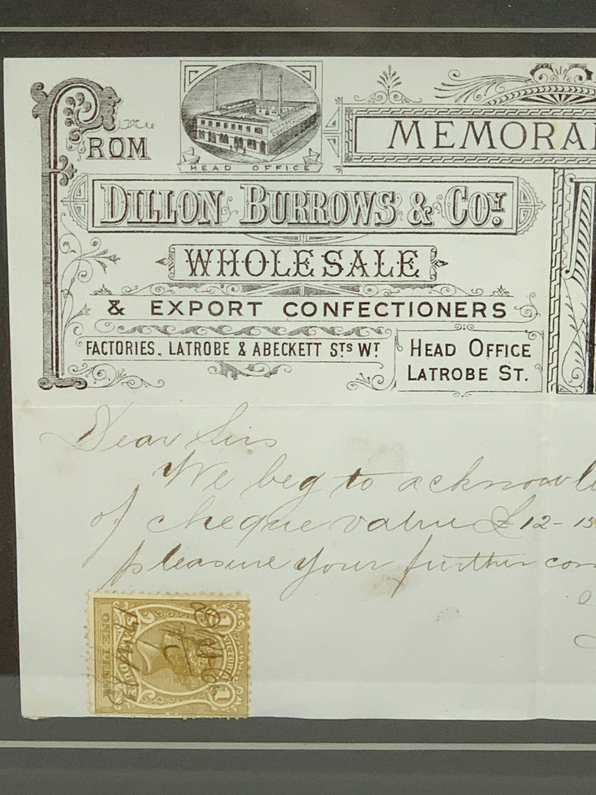 1883 Dillon Burrows Memorandum Letter with One Penny Stamp 28x36cm (framed)