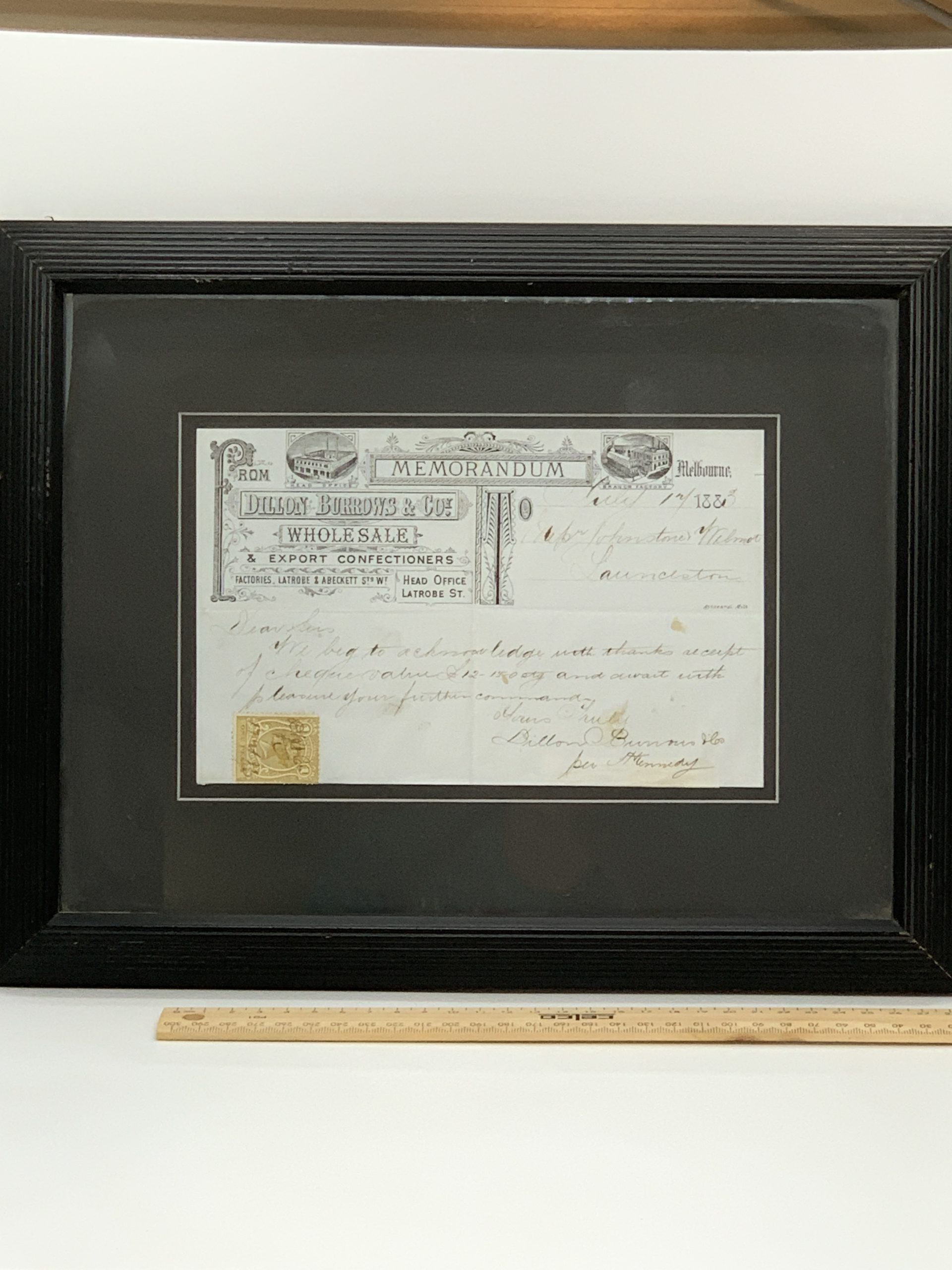 1883 Dillon Burrows Memorandum Letter with One Penny Stamp 28x36cm (framed)