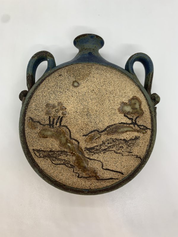 Pottery Flask with Incised Country Scene 16cm - Vintage Keepsakes
