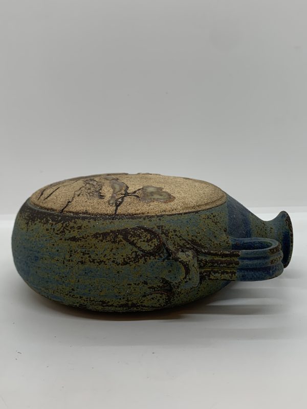 Pottery Flask with Incised Country Scene 16cm - Vintage Keepsakes