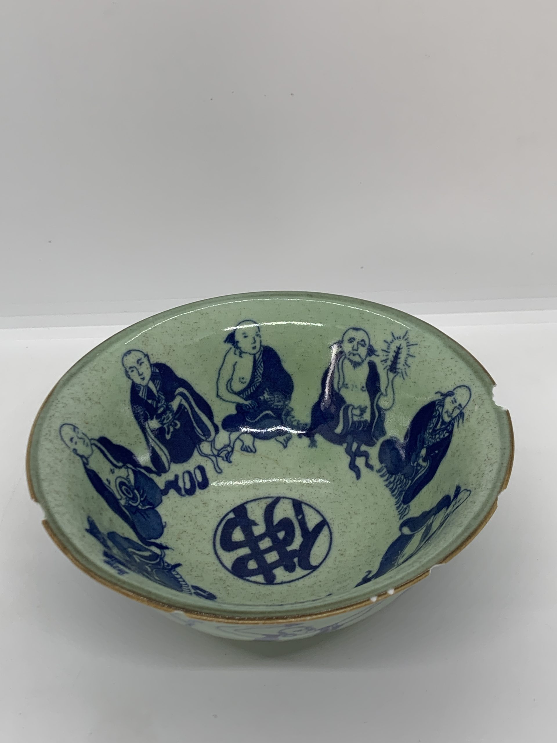 Chinese Celadon and Blue Porcelain Bowl with Monk Figures – Chips to rim 16cm wide