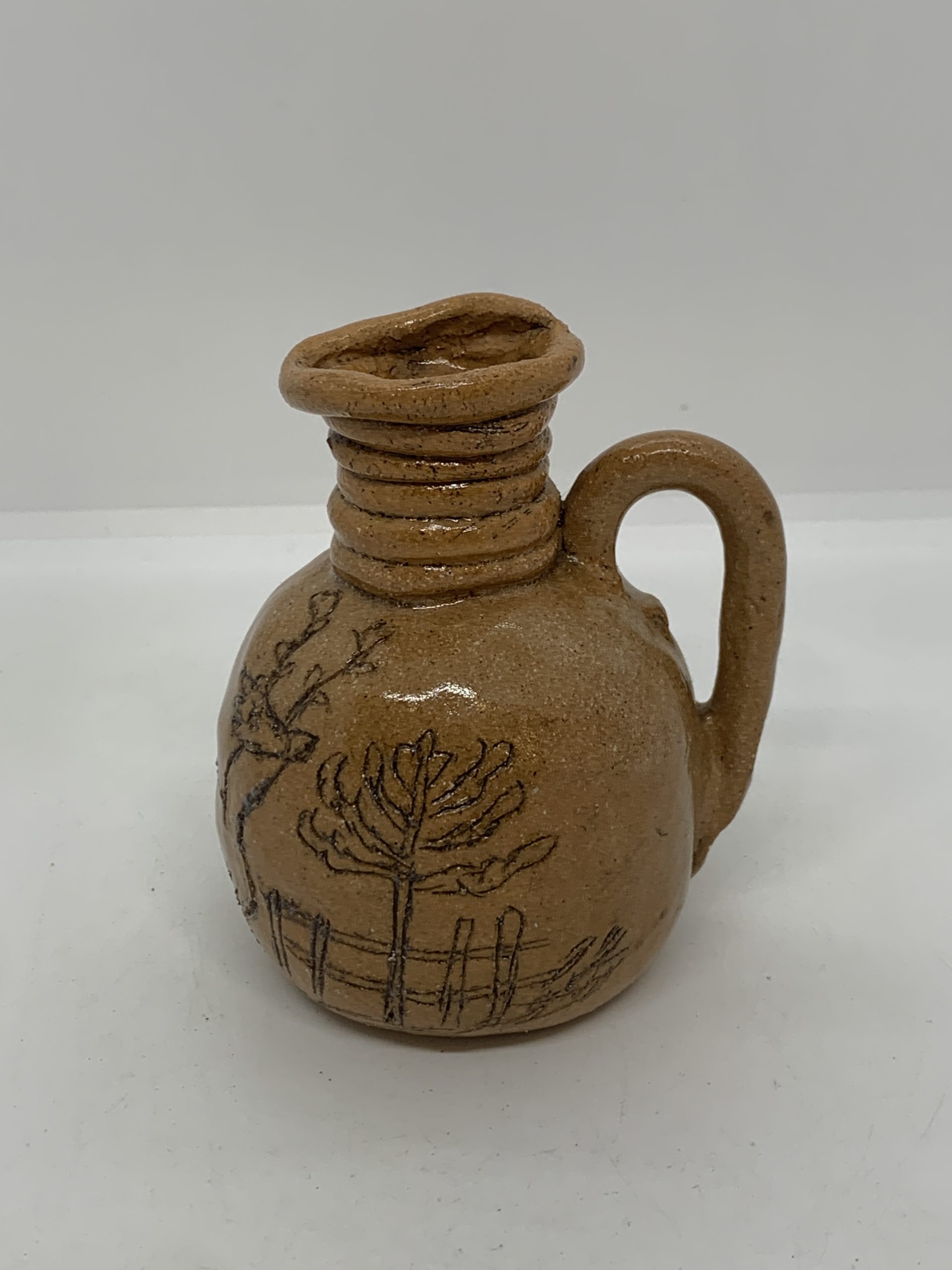 Pottery Jug with Coiled Top and Incised Landscape and Deer Imagery on Body 9cm