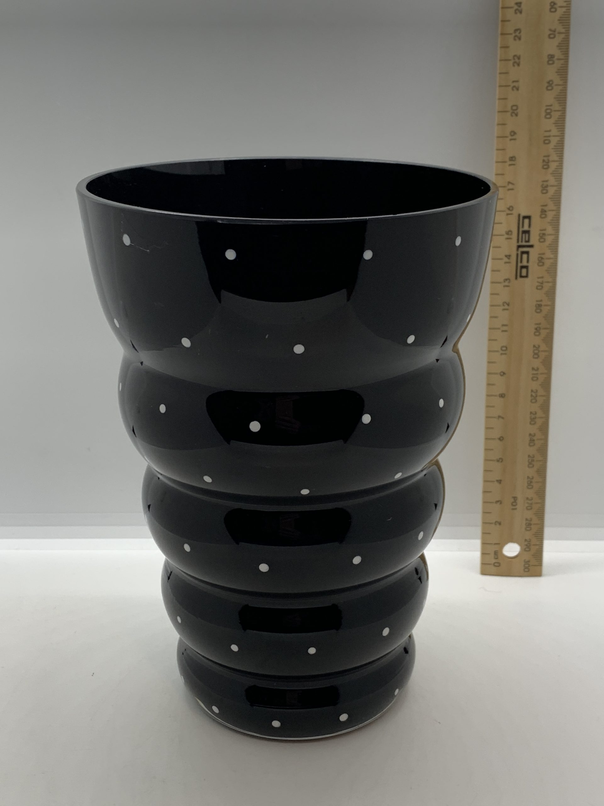 Art Deco Polka Dot Ribbed Glass Vase 19cm