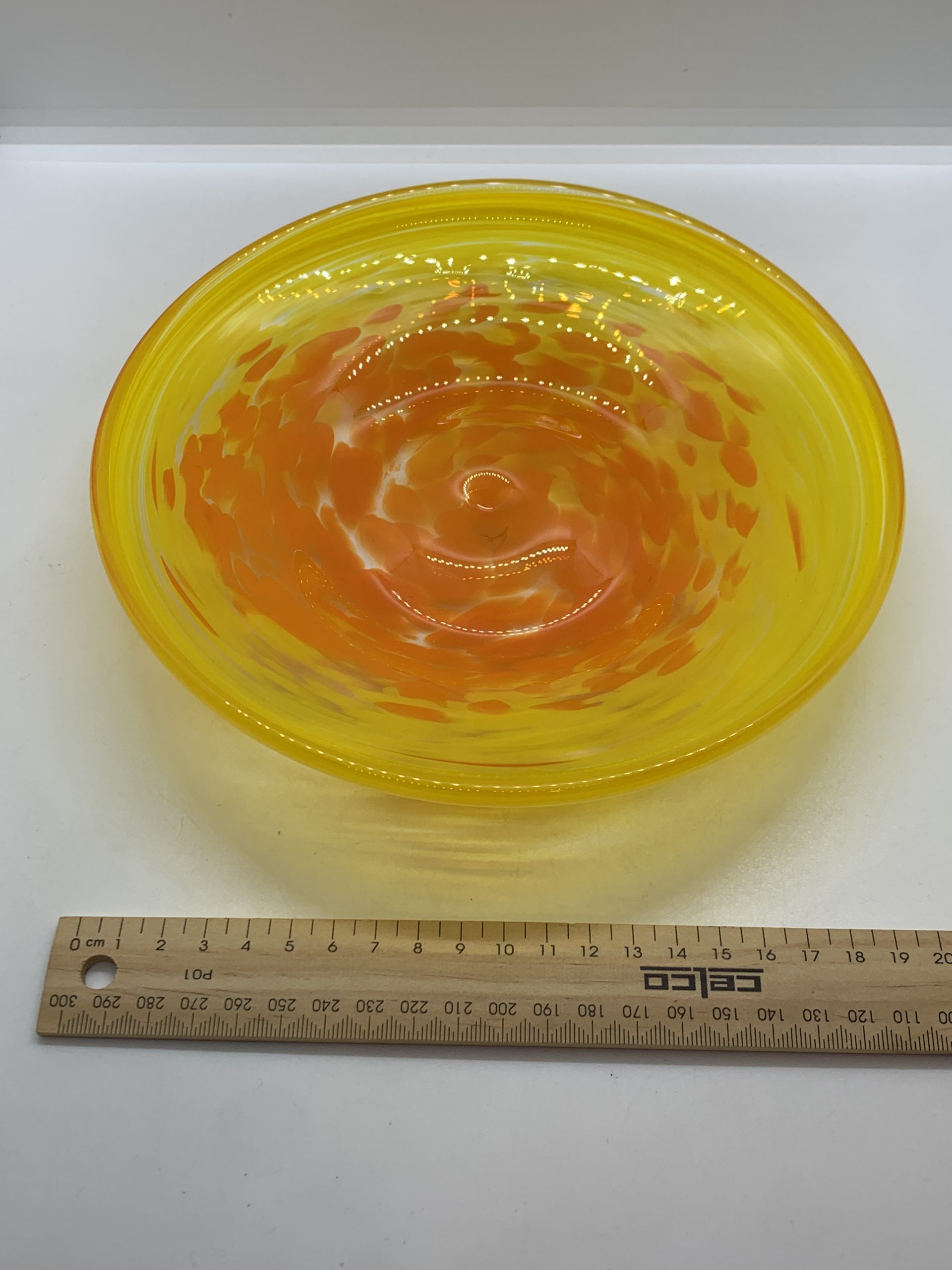Yellow Art Glass Bowl with Orange Spots 21cm
