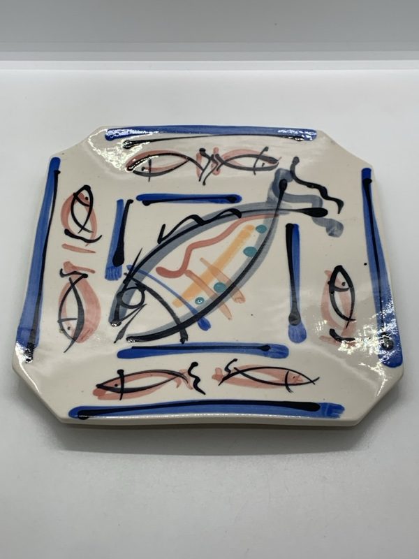Fish Square Pottery Plate by Virginia Maywald 1989 20cm